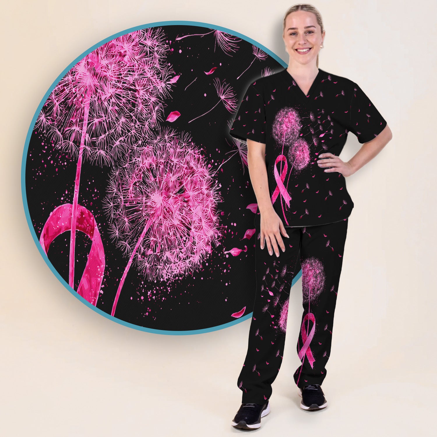 Meaningful Pink Ribbon Dandelion Scrub Set, Scrub Pants and V Neck Top