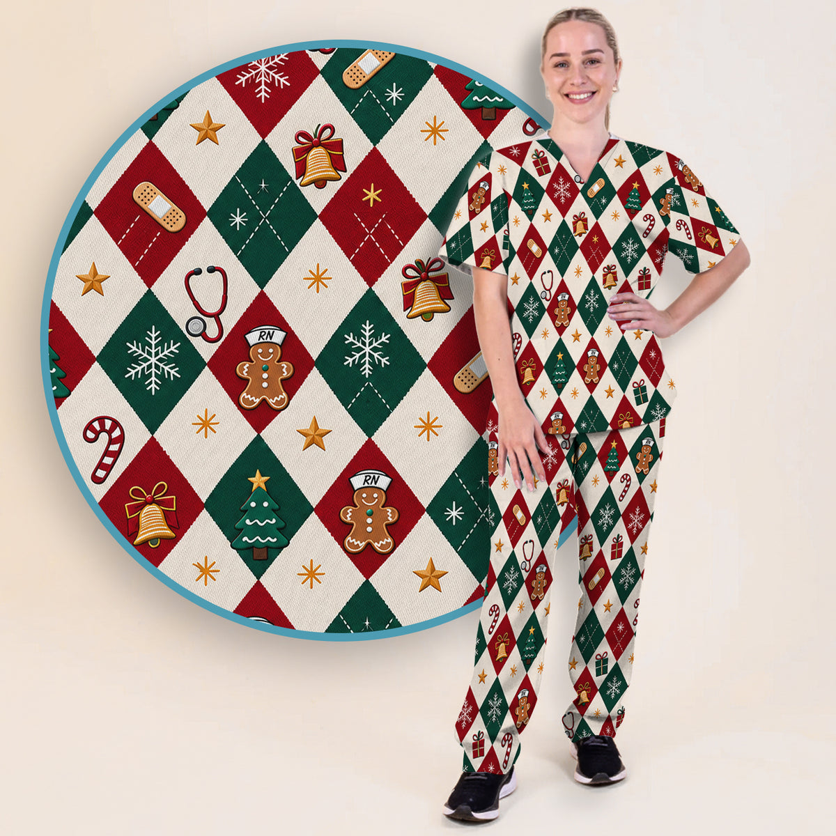 Christmas Gingerbread Nurse Argyle Scrub Set, Scrub Pants and V Neck Top