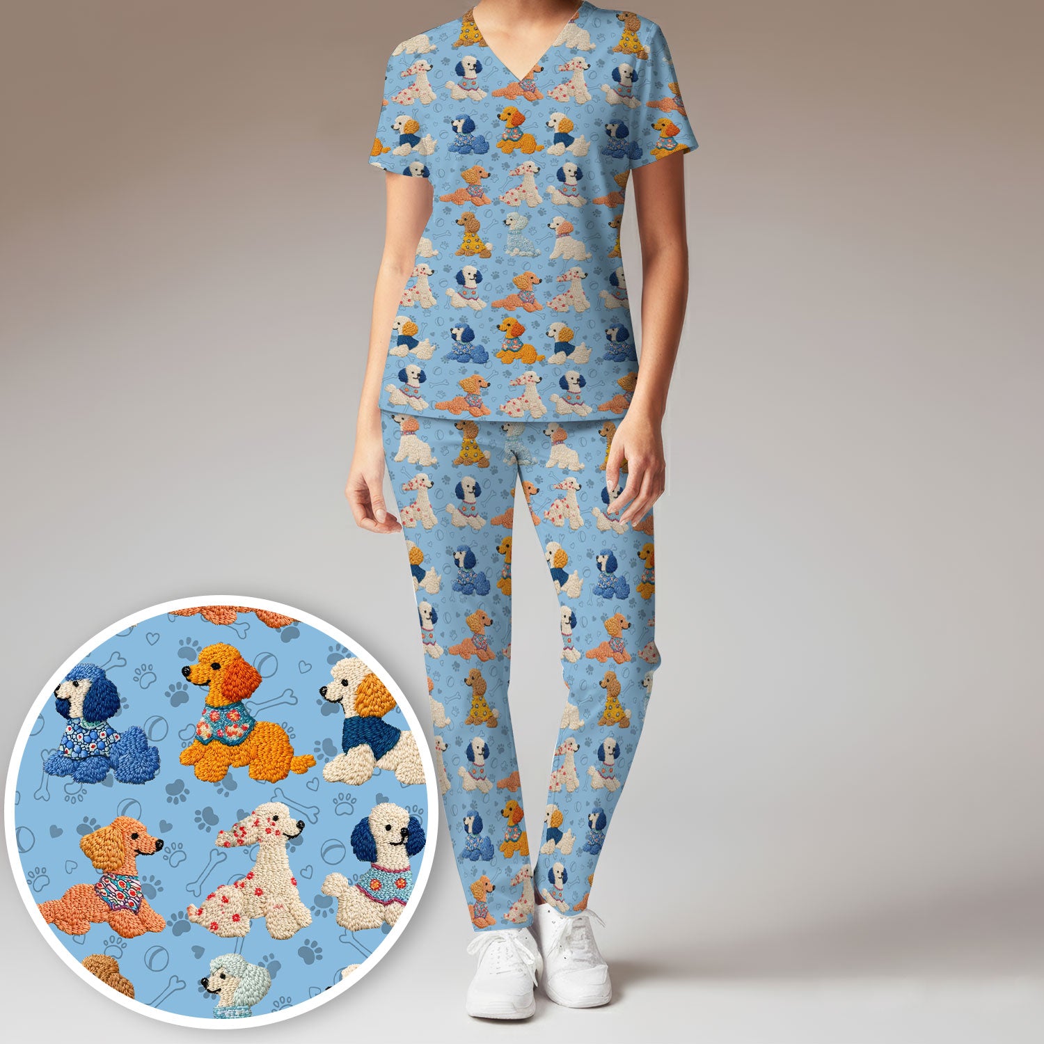 Cute Colorful Poodle Pattern Scrub Set, Scrub Pants and V Neck Top