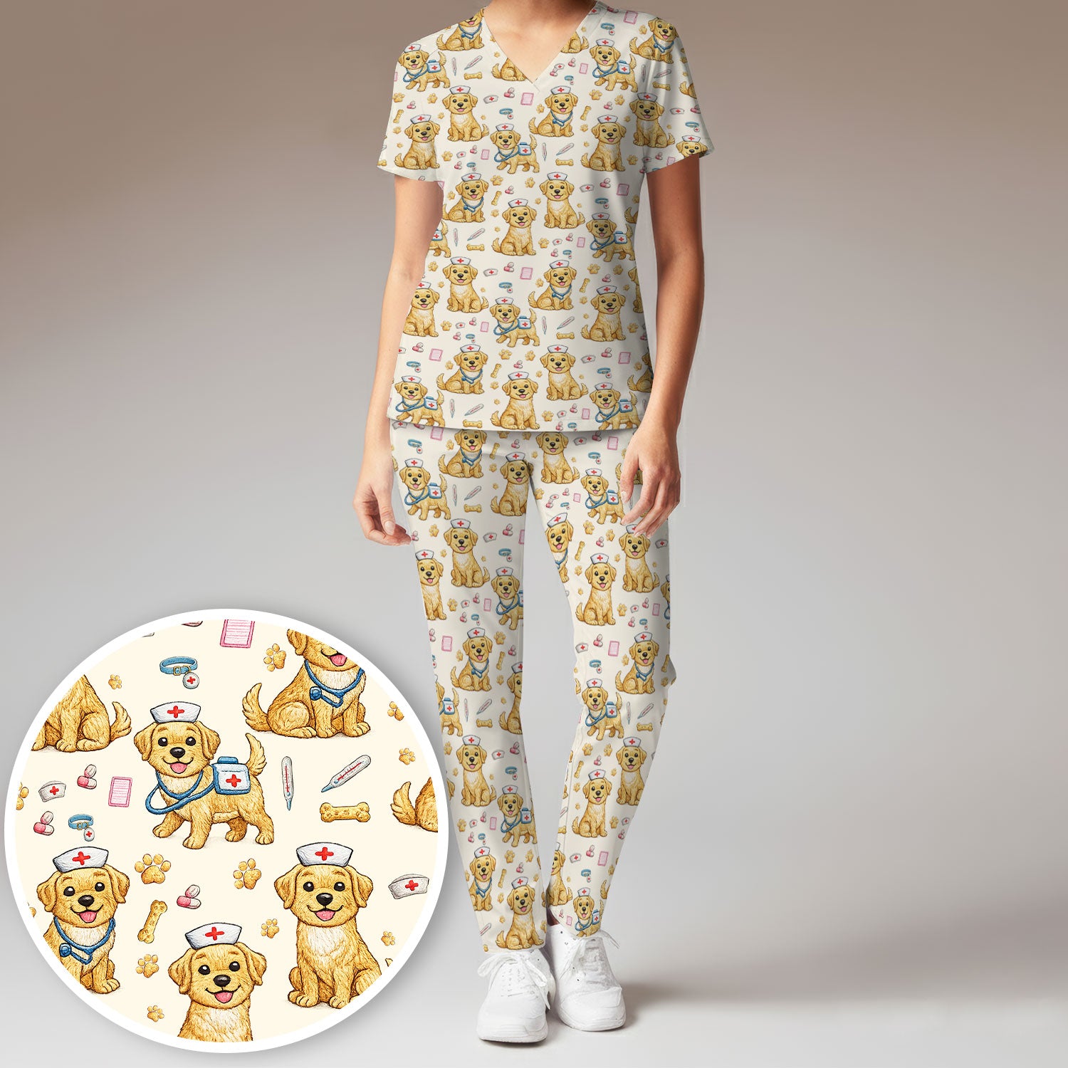 Cute Puppy Nurse Medical Print Women’s Scrub Set, Scrub Pants and V Neck Top