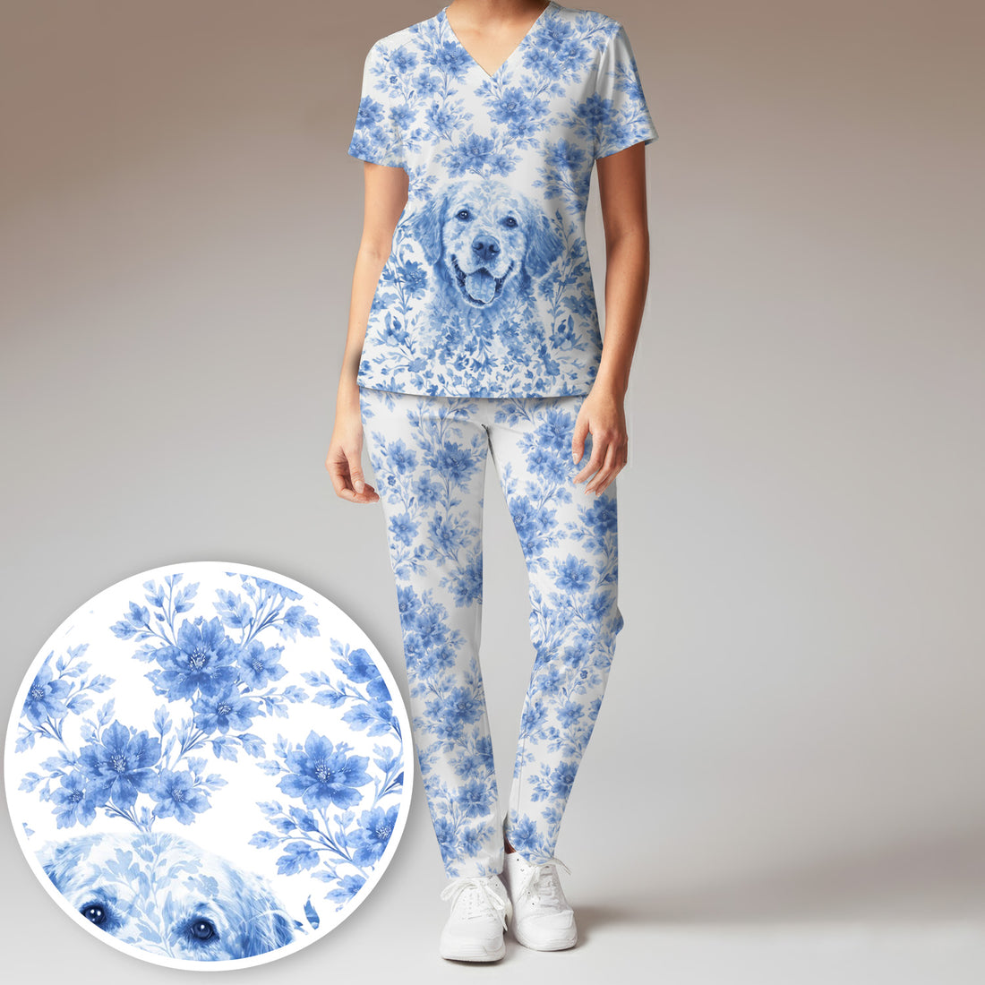 Personalized Pet Photo Floral Scrub Set, Scrub Pants and V Neck Top