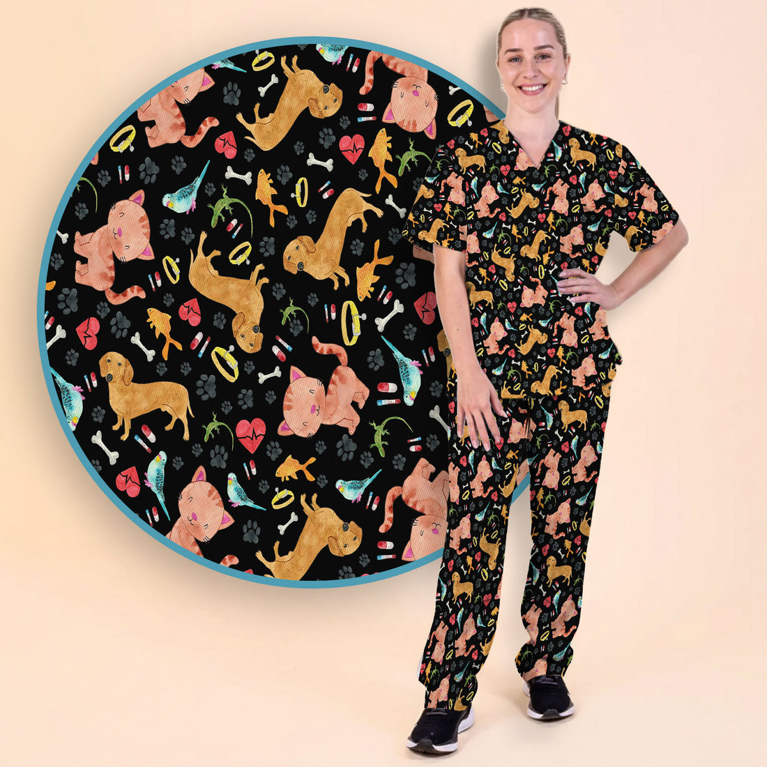 Cat Dog Veterinary Scrub Set - Cute Animal Paw Print Medical Pants and V Neck Top for Women RN CNA Vet Tech
