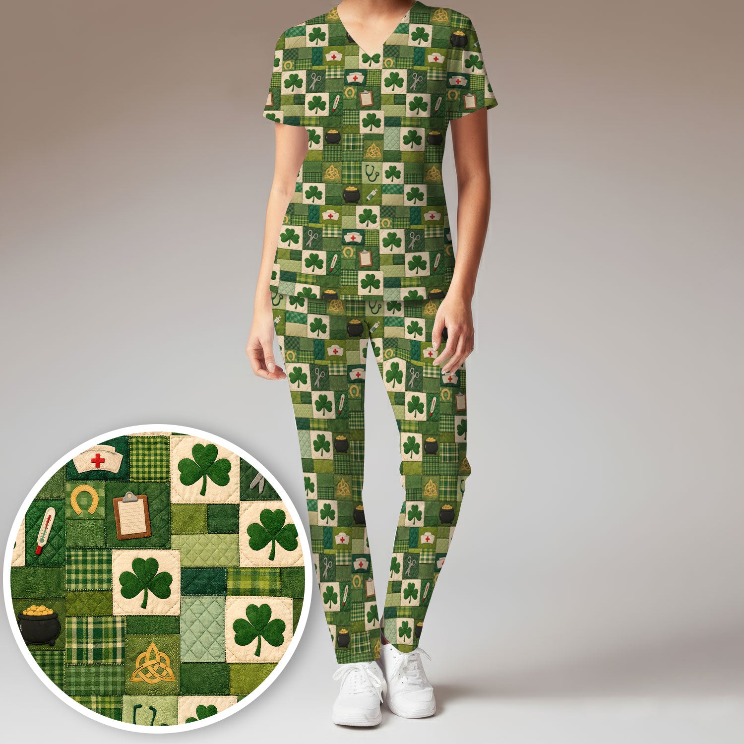 St Patrick Medical Patchwork Shamrock Scrub Set, Scrub Pants and V Neck Top