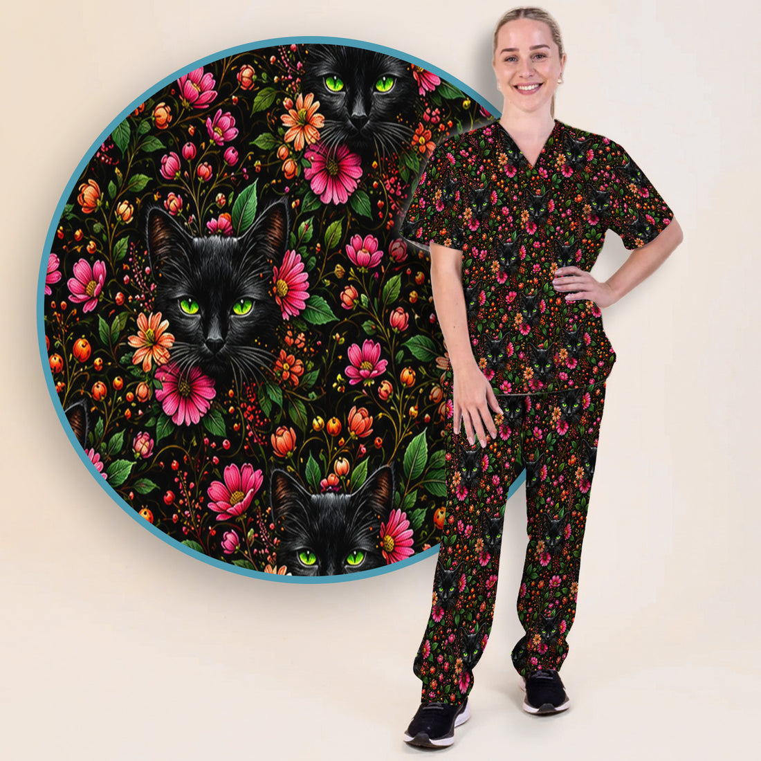 Adorable Black Cat Blossom Pattern Scrub Set, Scrub Pants and V Neck Top