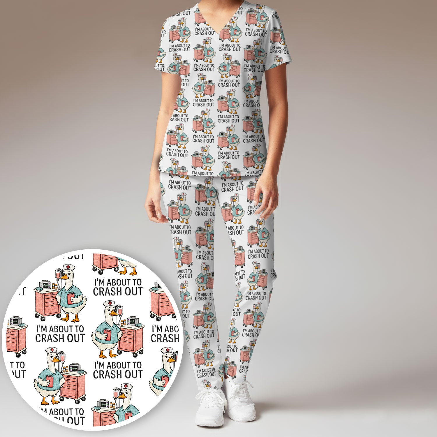 Funny Nurse Goose Crash Out Pattern Scrub Set, Nurse Uniform Scrubs Set