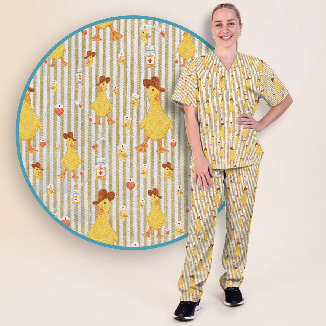 Cowboy Ducktor Vertical Stripe Pattern Scrub Set, Breathable Med Uniform