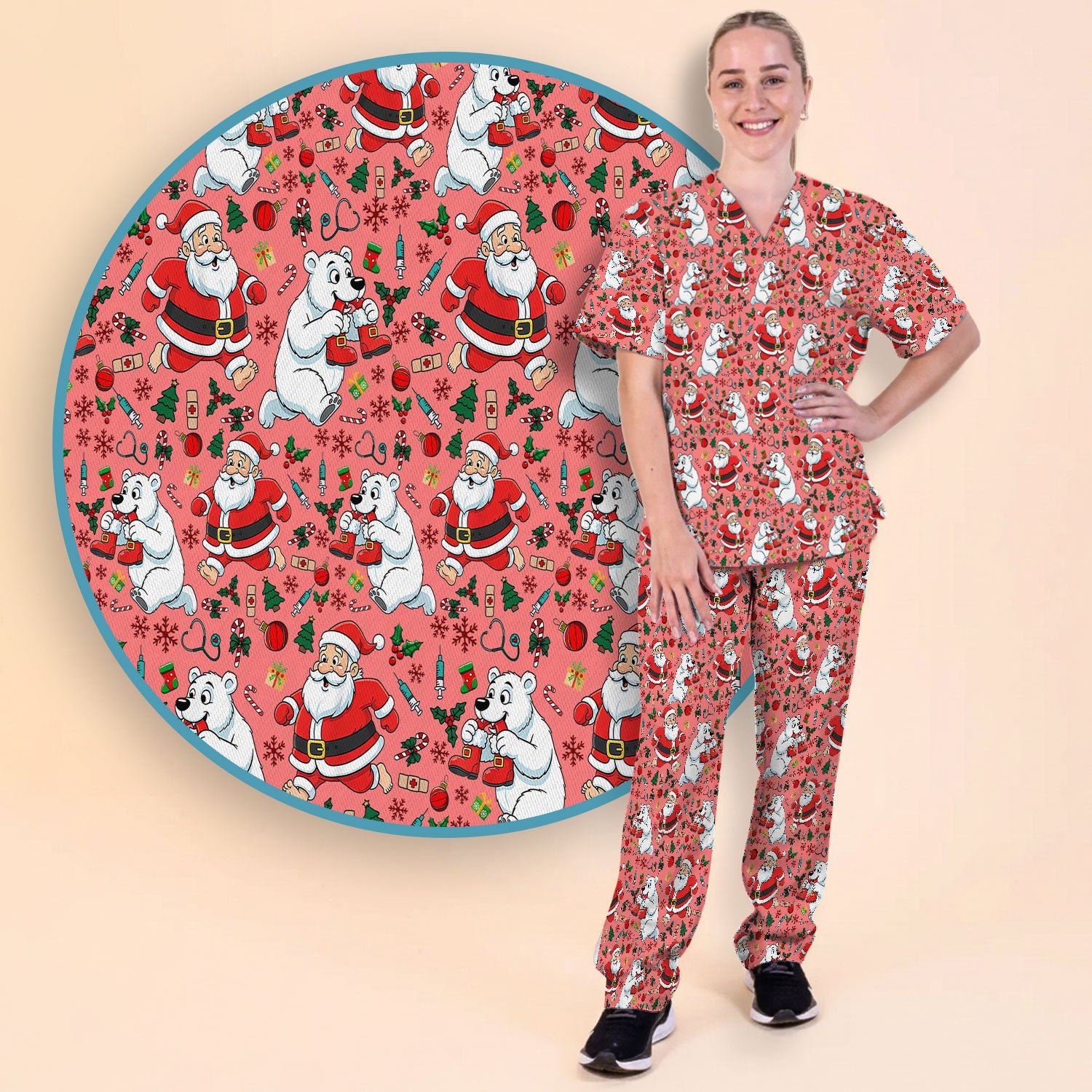 Christmas Santa & Polar Bear Scrub Set - Funny Holiday Nursing Pants and V Neck Top - Cute Winter Medical Uniform