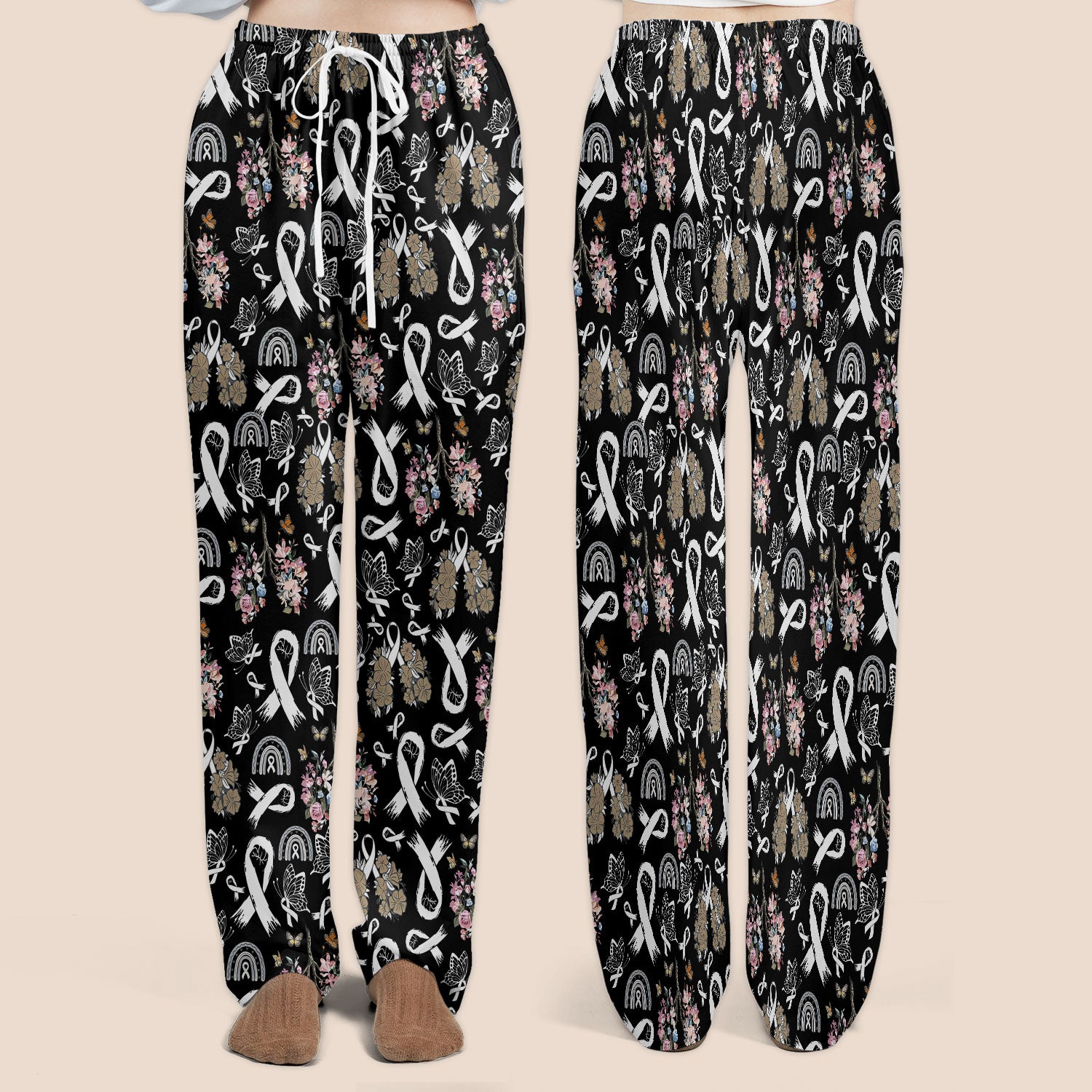 Lung Cancer Awareness Scrub Sets for Nurse - White Ribbon Butterfly Floral Scrub Pants and V Neck Top - Breathable Med Uniform for Women