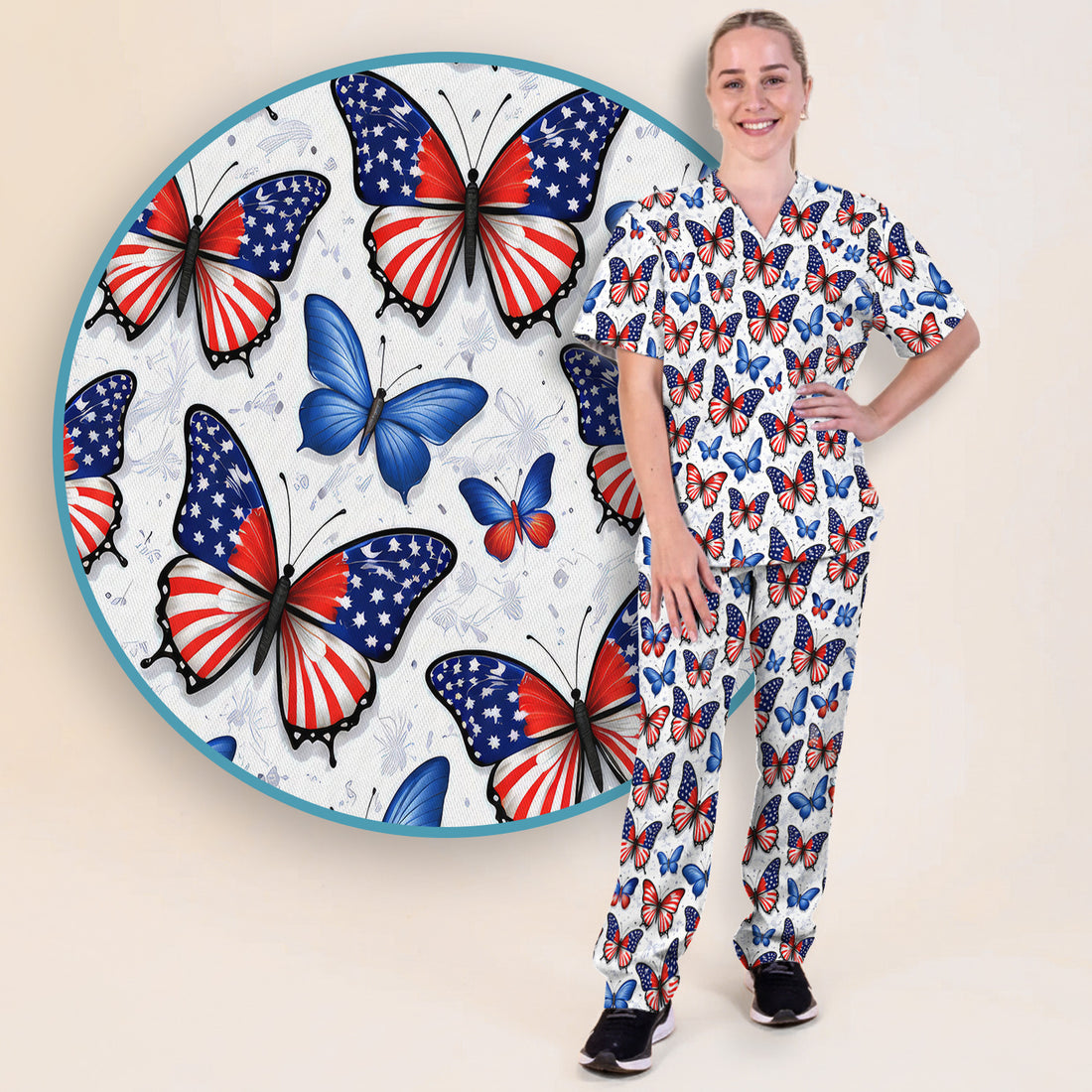 Charming Patriotic Butterfly Star Pattern Scrub Set, Scrub Pants and V Neck Top