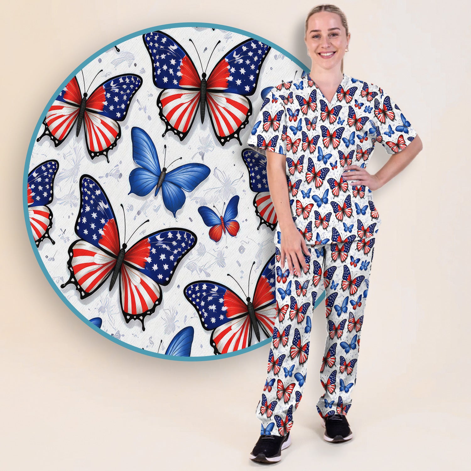 Charming Patriotic Butterfly Star Pattern Scrub Set, Scrub Pants and V Neck Top