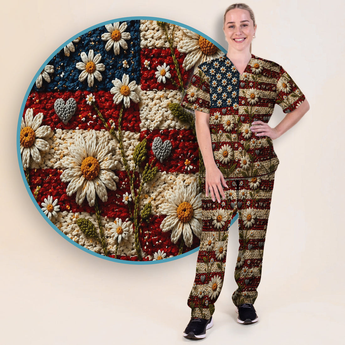 American Flag Daisy Floral Knit Texture Pattern Scrub Set, Scrub Pants and V Neck Top