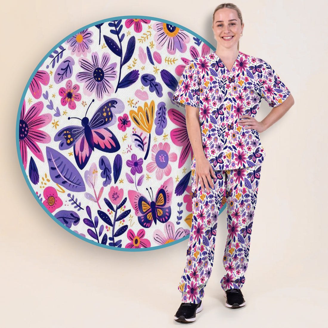 Cute Butterfly Wildflower Garden Pattern Scrub Set, Scrub Pants and V Neck Top