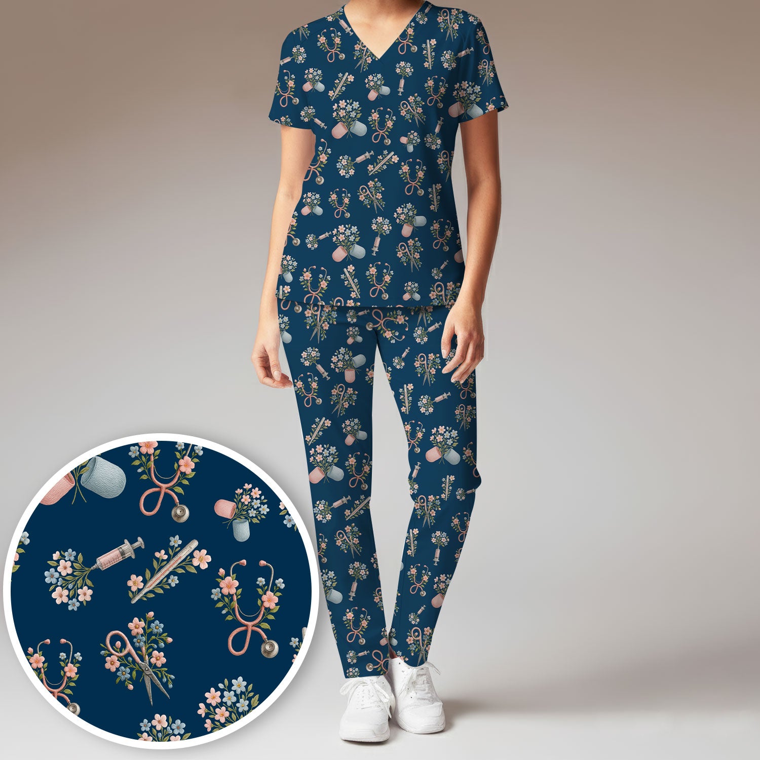 Floral Medical Scrub Set, Elegant Stethoscope With Flower Nursing Shirt, Breathable Fabrics Nurse Uniform