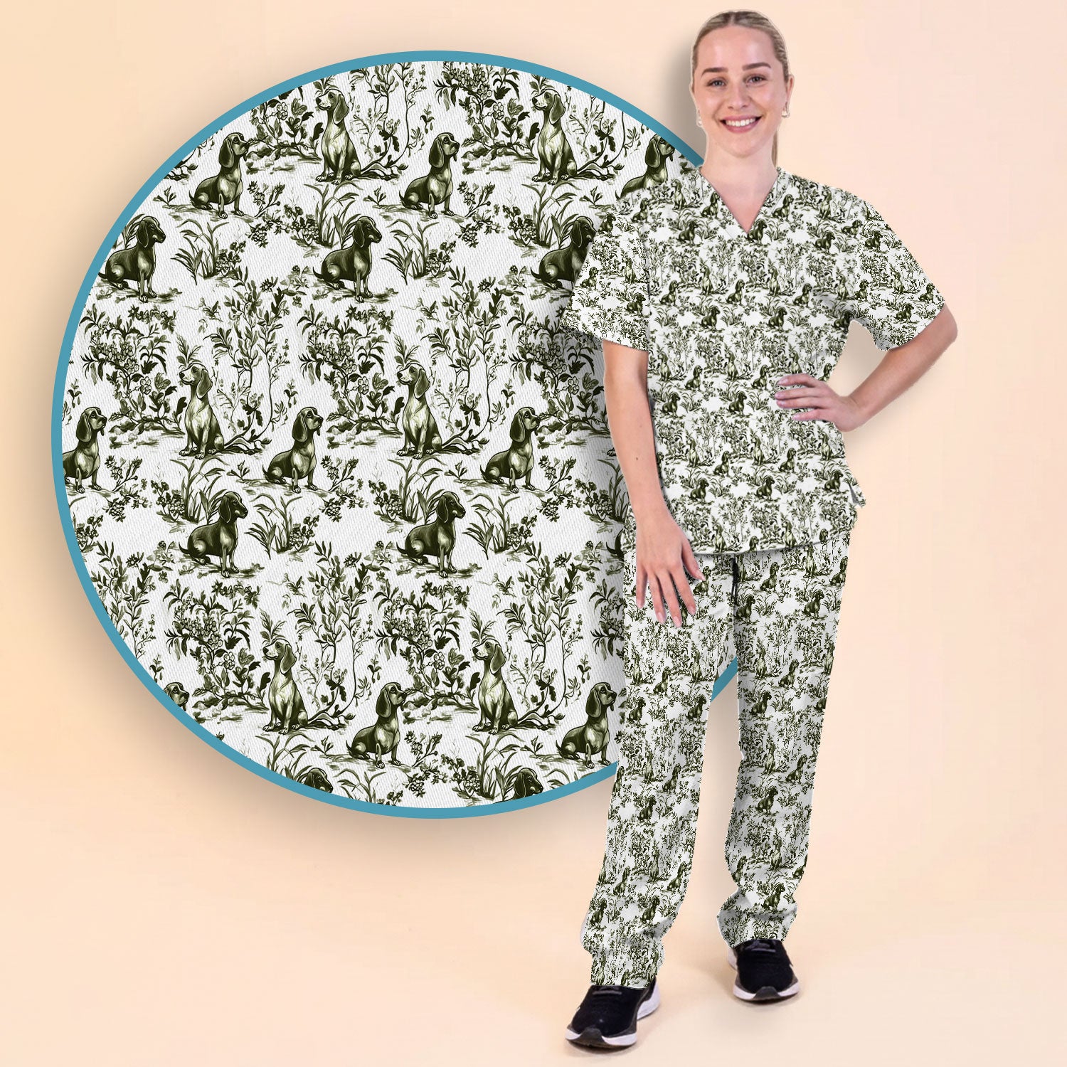 Toile de Jouy Dog Scrub Set – Elegant Blue Dachshund Pattern – Cute Medical Uniform for Nurses, Vets, and Animal Care Workers