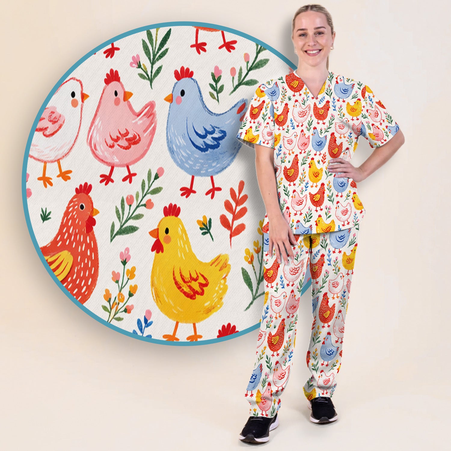 Fun Cartoon Hen Print Scrub Set, Scrub Pants and V Neck Top