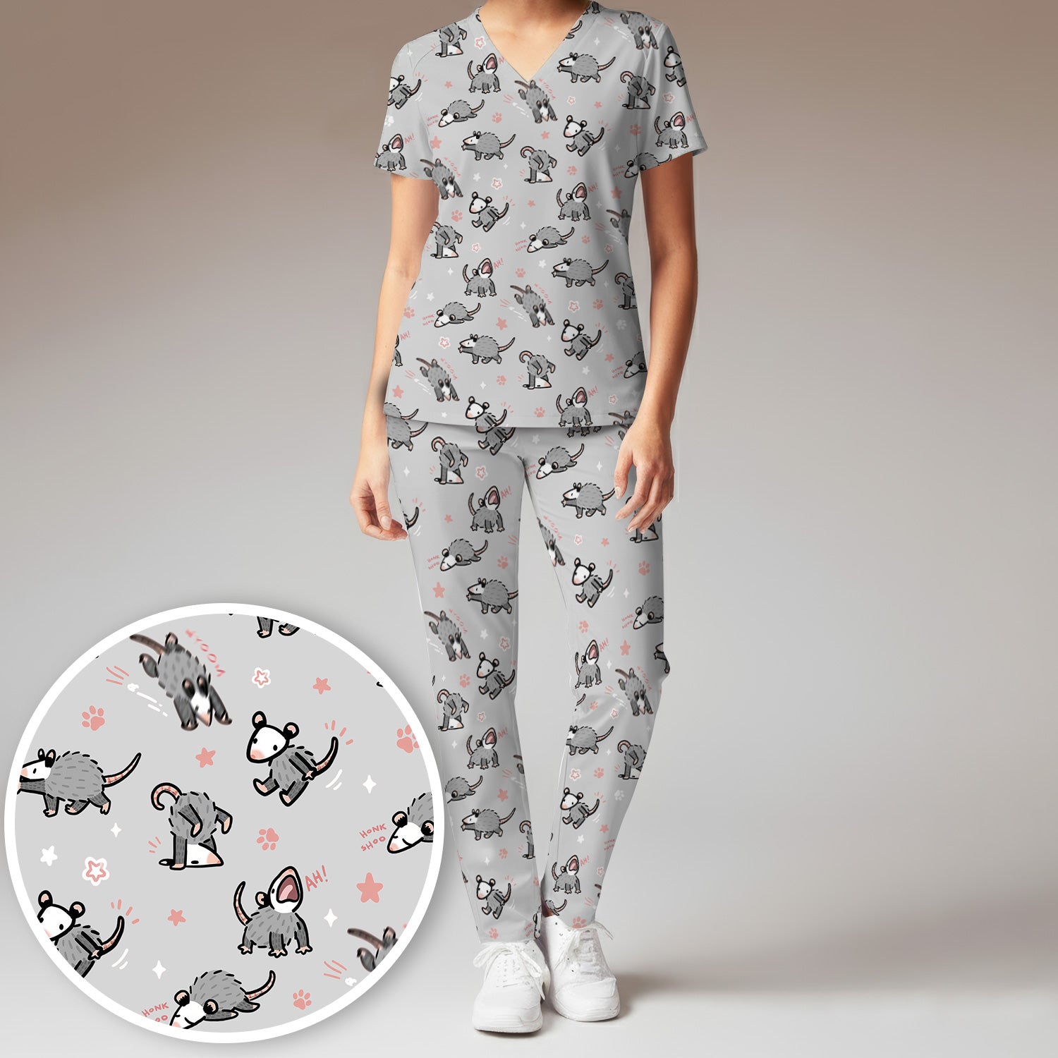 Playful Cartoon Opossum Character Pattern Scrub Set, Women's Scrub Sets