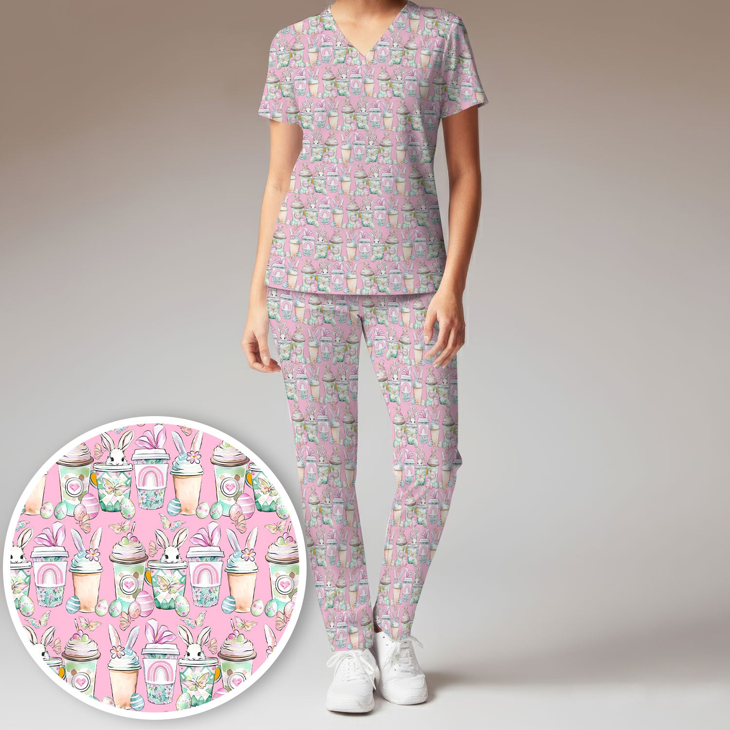 Cute Easter Bunny Coffee Cup Pattern Scrub Sets, Scrub Pants and V Neck Top