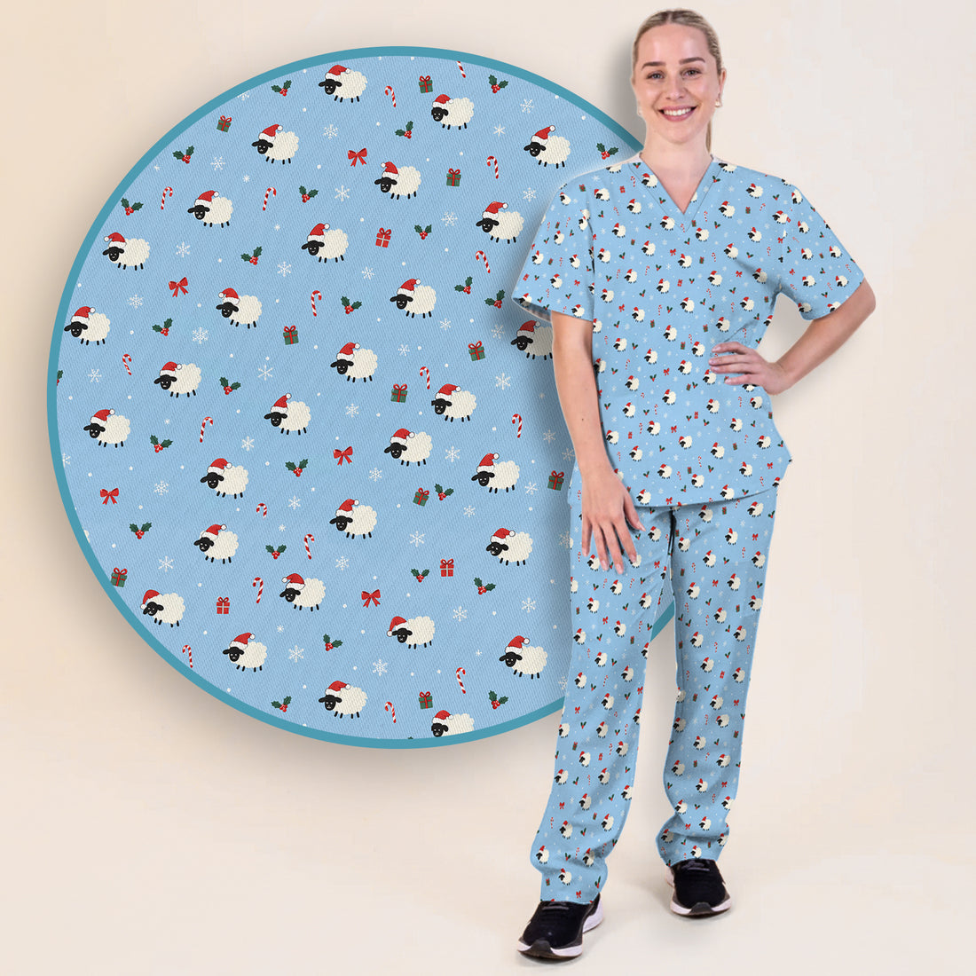 Cute Christmas Sheep Pattern Scrub Set, Scrub Pants and V Neck Top