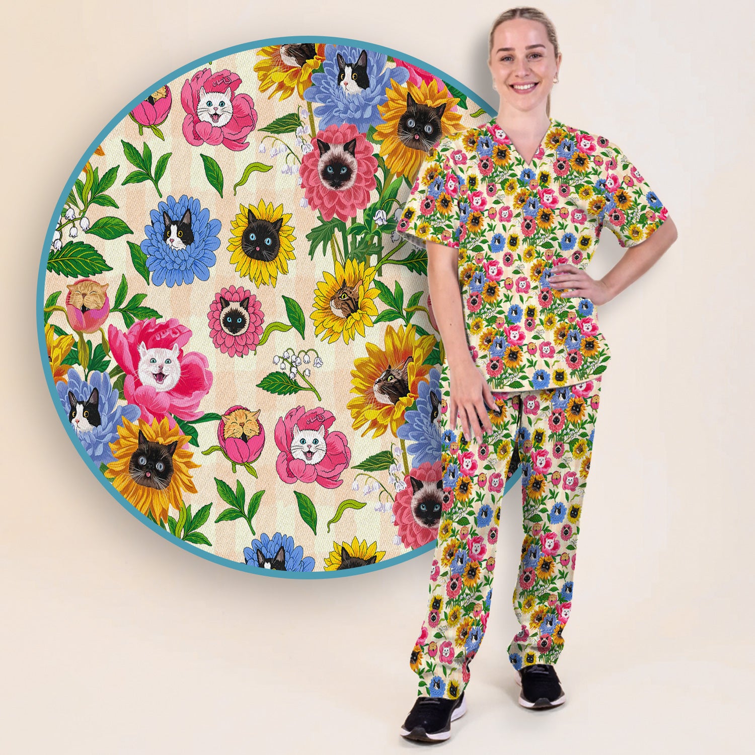 Cat Face Hidden In Colorful Flower Garden Scrub Set, Scrub Pants and V Neck Top