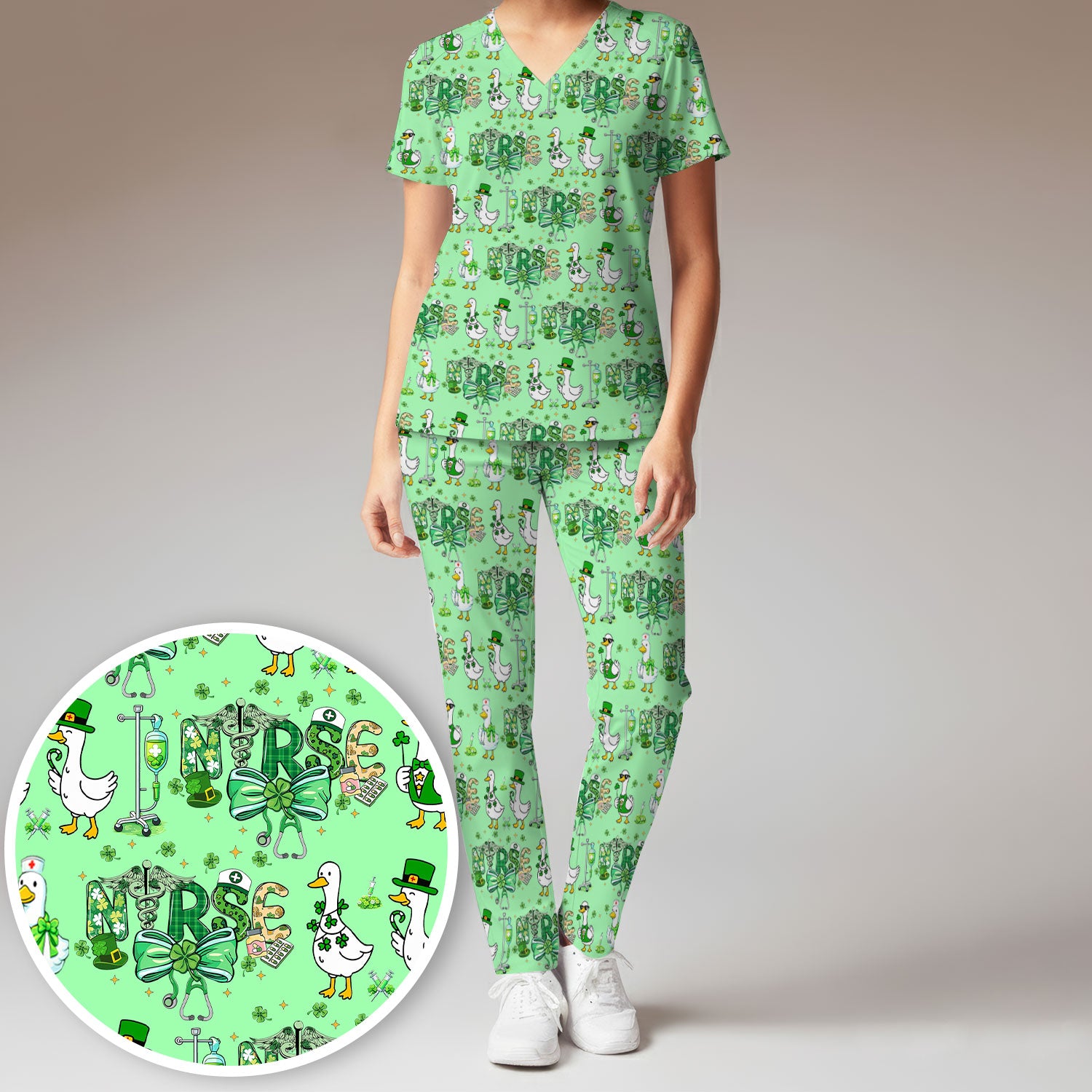 Funny Goose Nurse Shamrock Scrub Set, St. Patrick’s Day Nurse Pattern Shirt, Breathable Fabrics Nursing Uniform