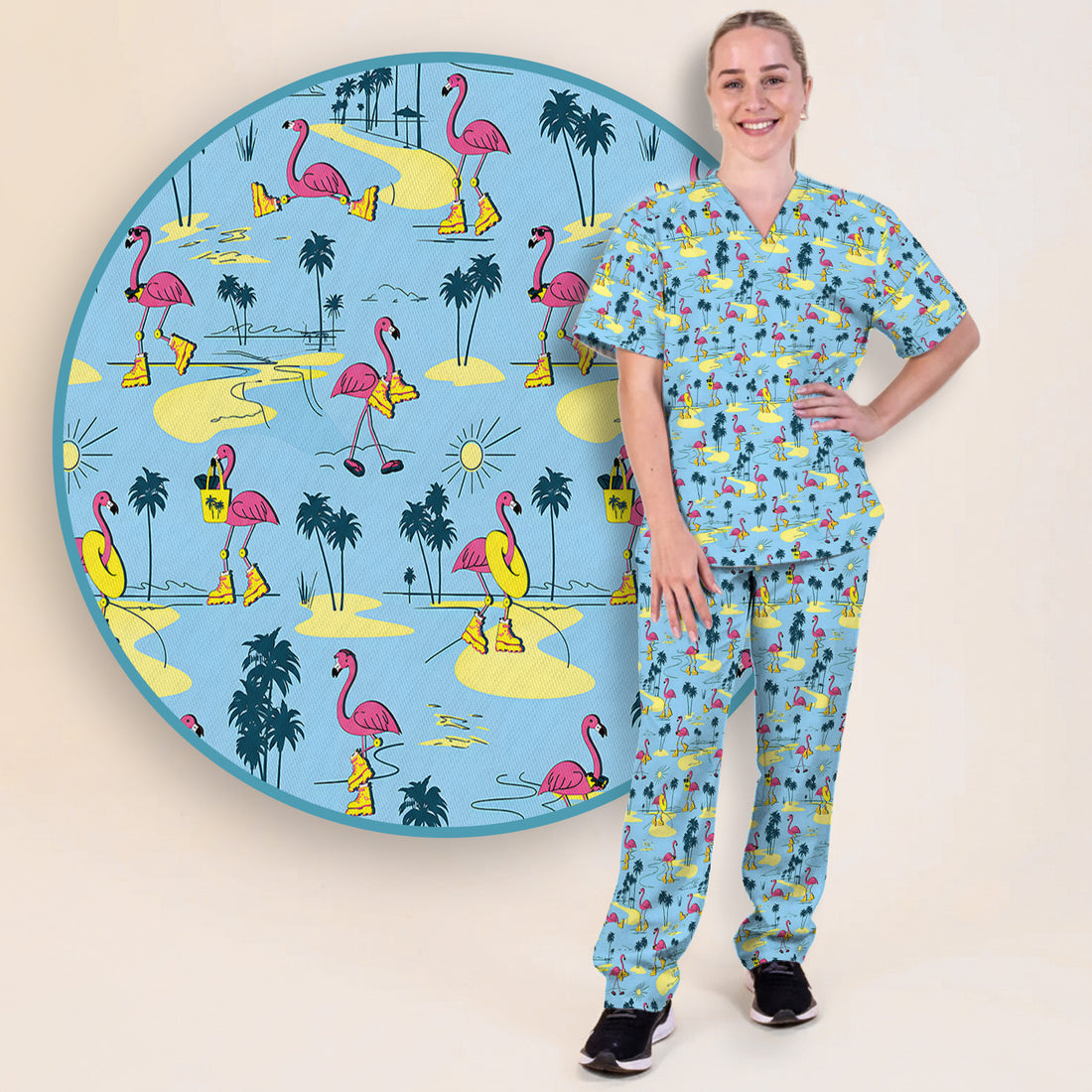 Retro Flamingo Nurse Print Scrub Set, Scrub Pants and V Neck Top