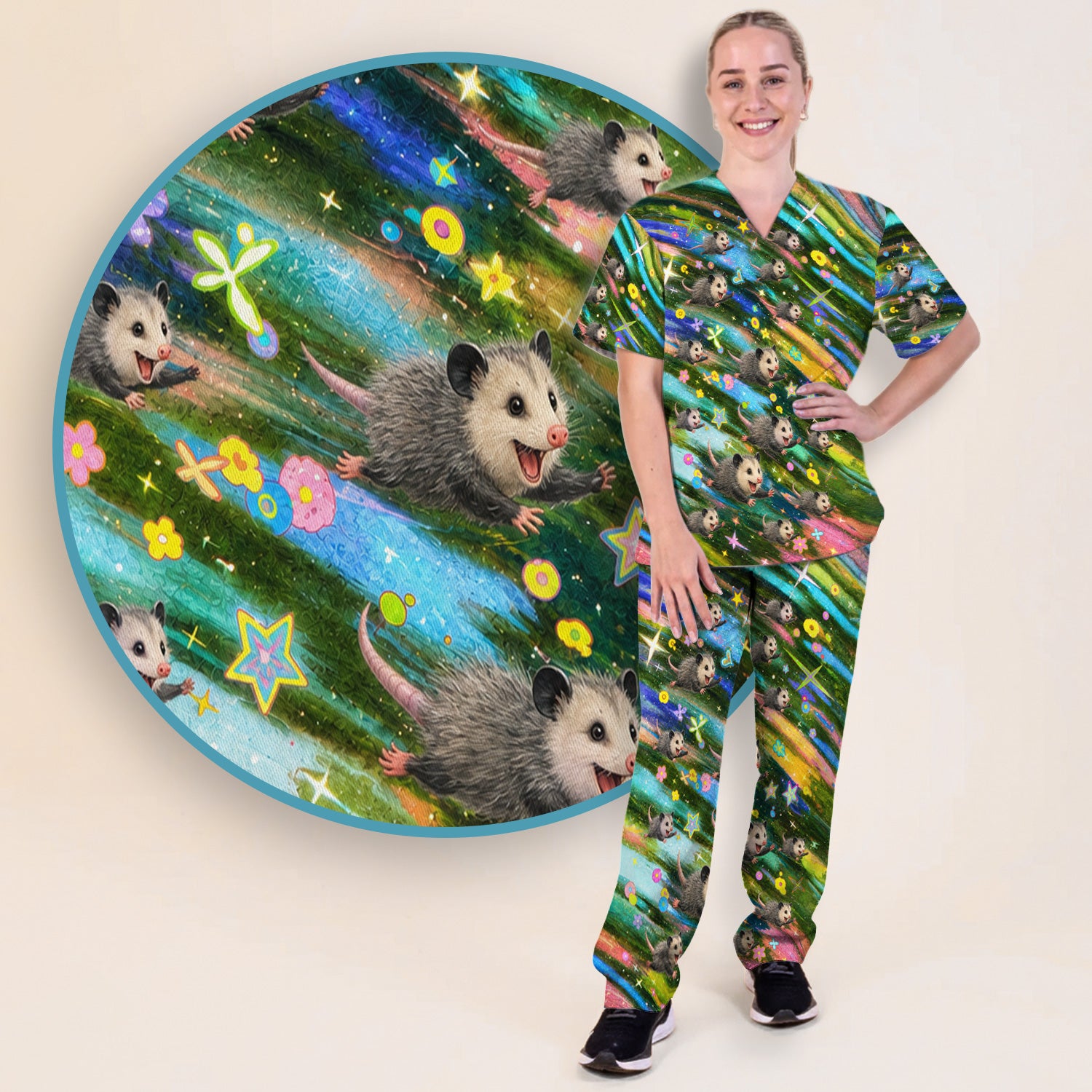 Colorful Opossum Rainbow Stars Print Scrub Set, Scrub Pants and V Neck Top