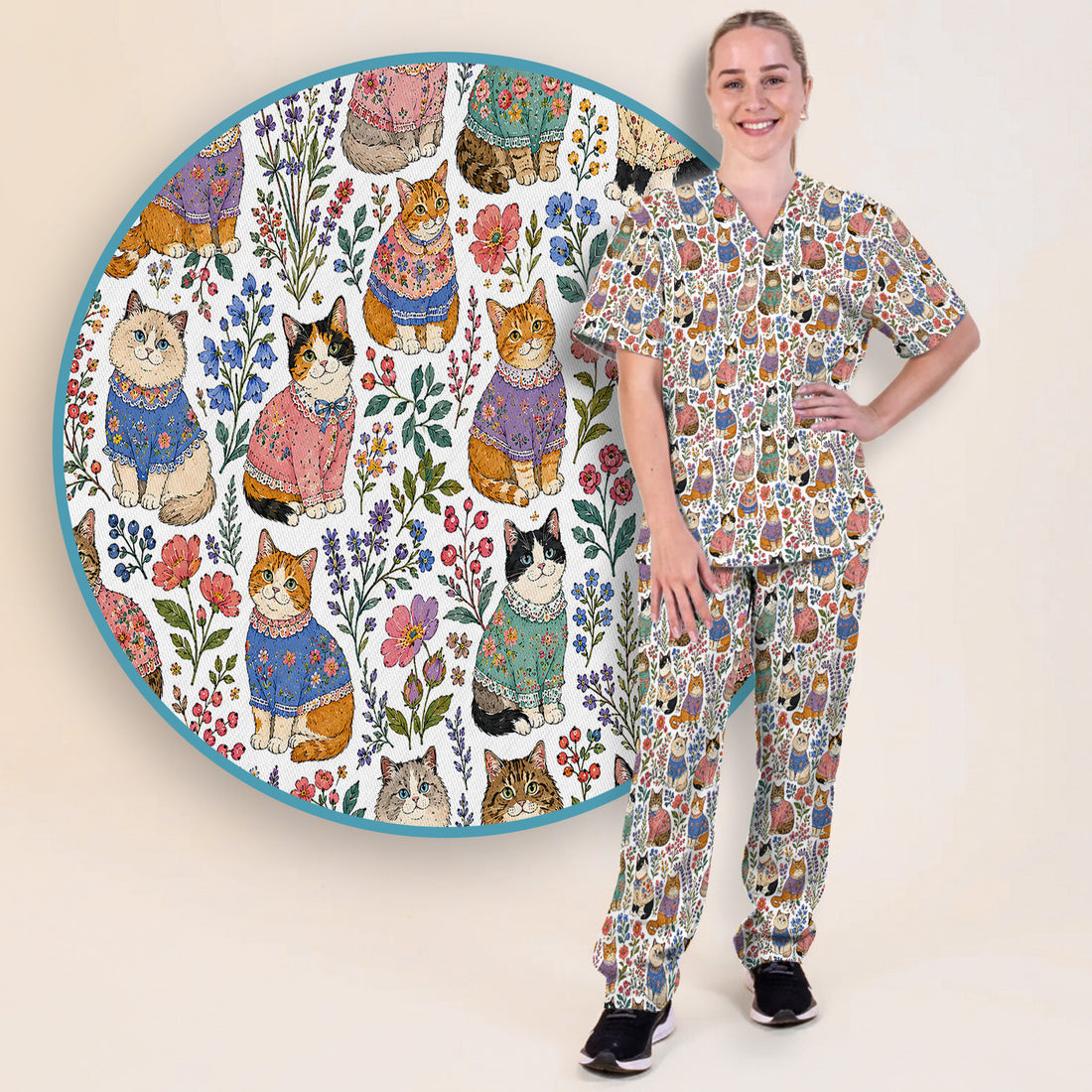 Cute Floral Cat Pattern Scrub Set, Scrub Pants and V Neck Top