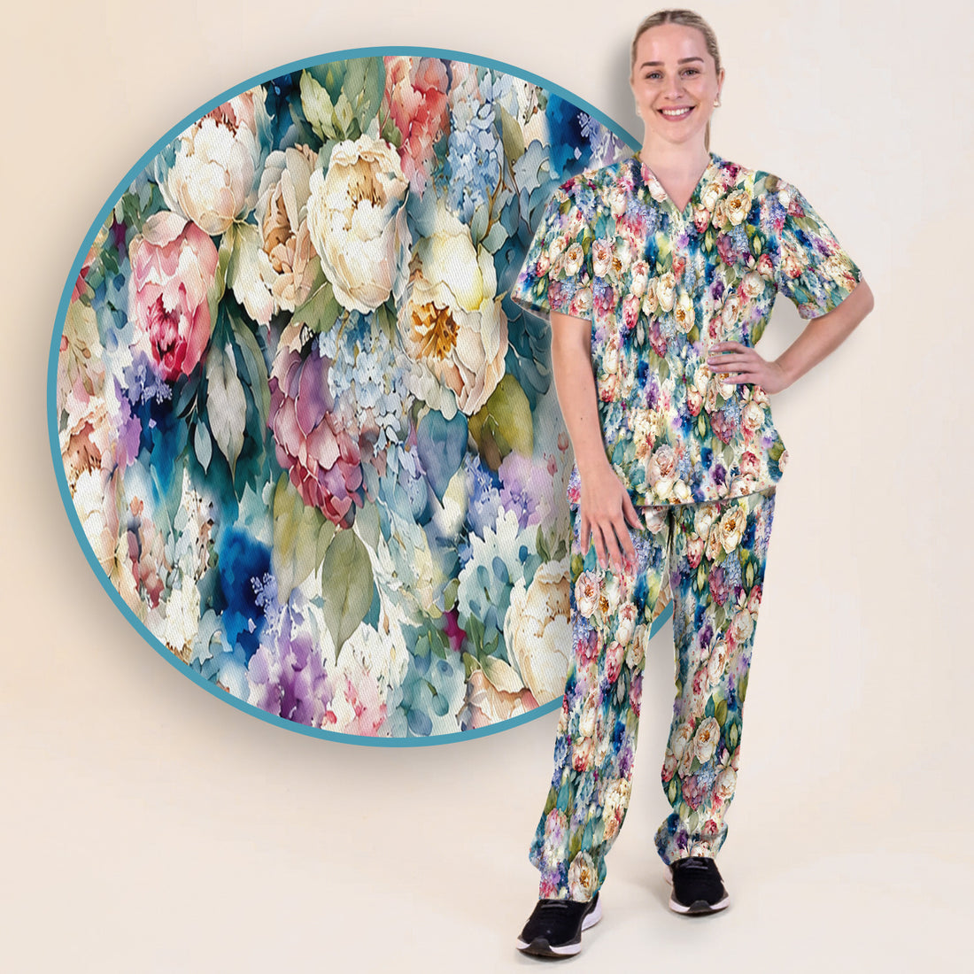 Watercolor Peony Hydrangea Floral Print Scrub Set, Scrub Pants and V Neck Top