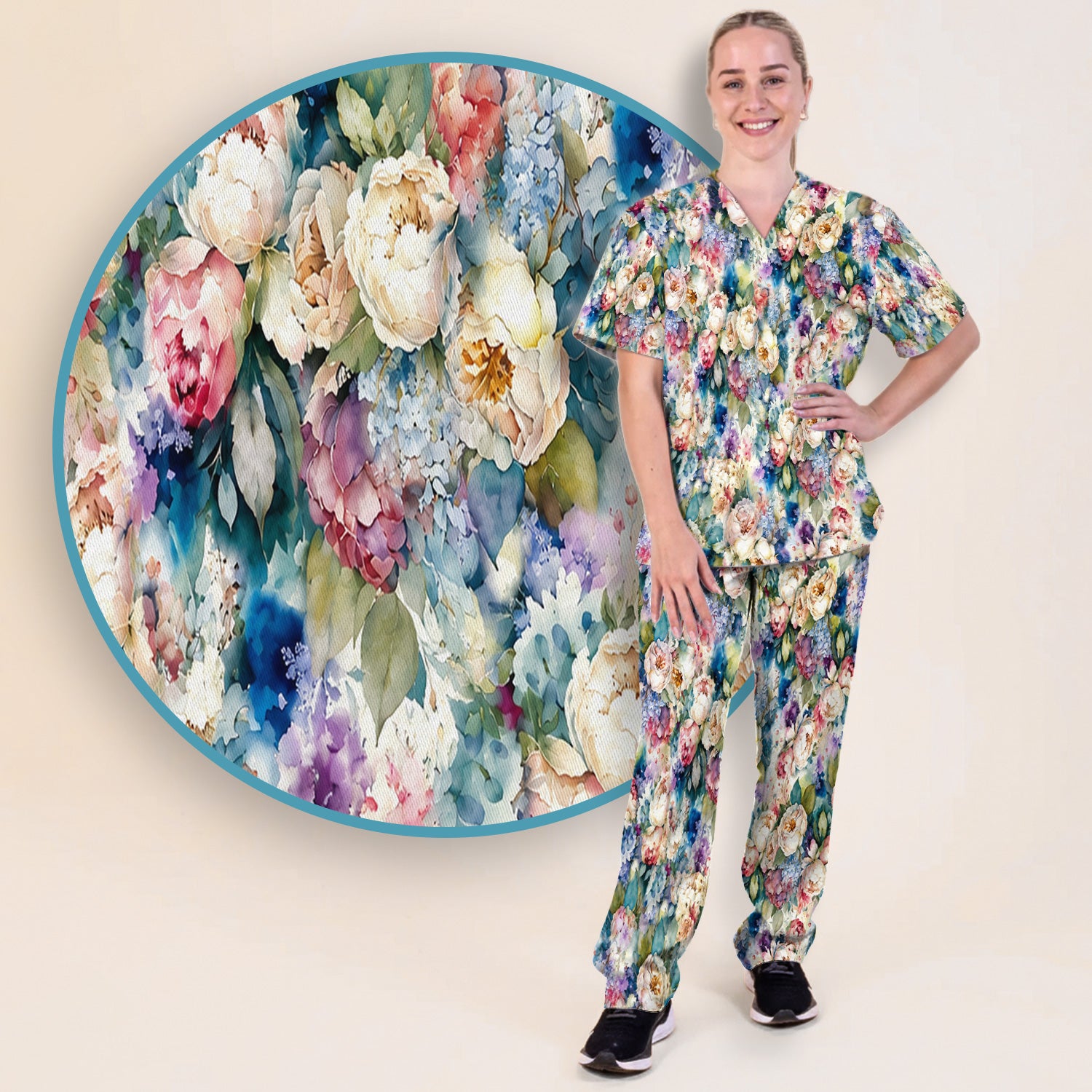 Watercolor Peony Hydrangea Floral Print Scrub Set, Scrub Pants and V Neck Top