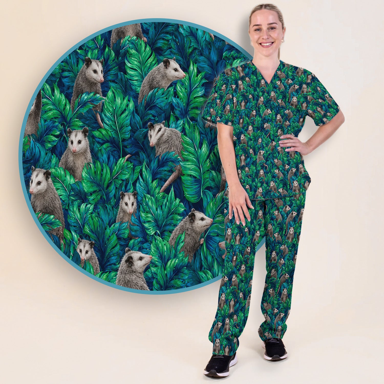 Tropical Opossum Jungle Leaves Pattern Scrub Set, Scrub Pants and V Neck Top