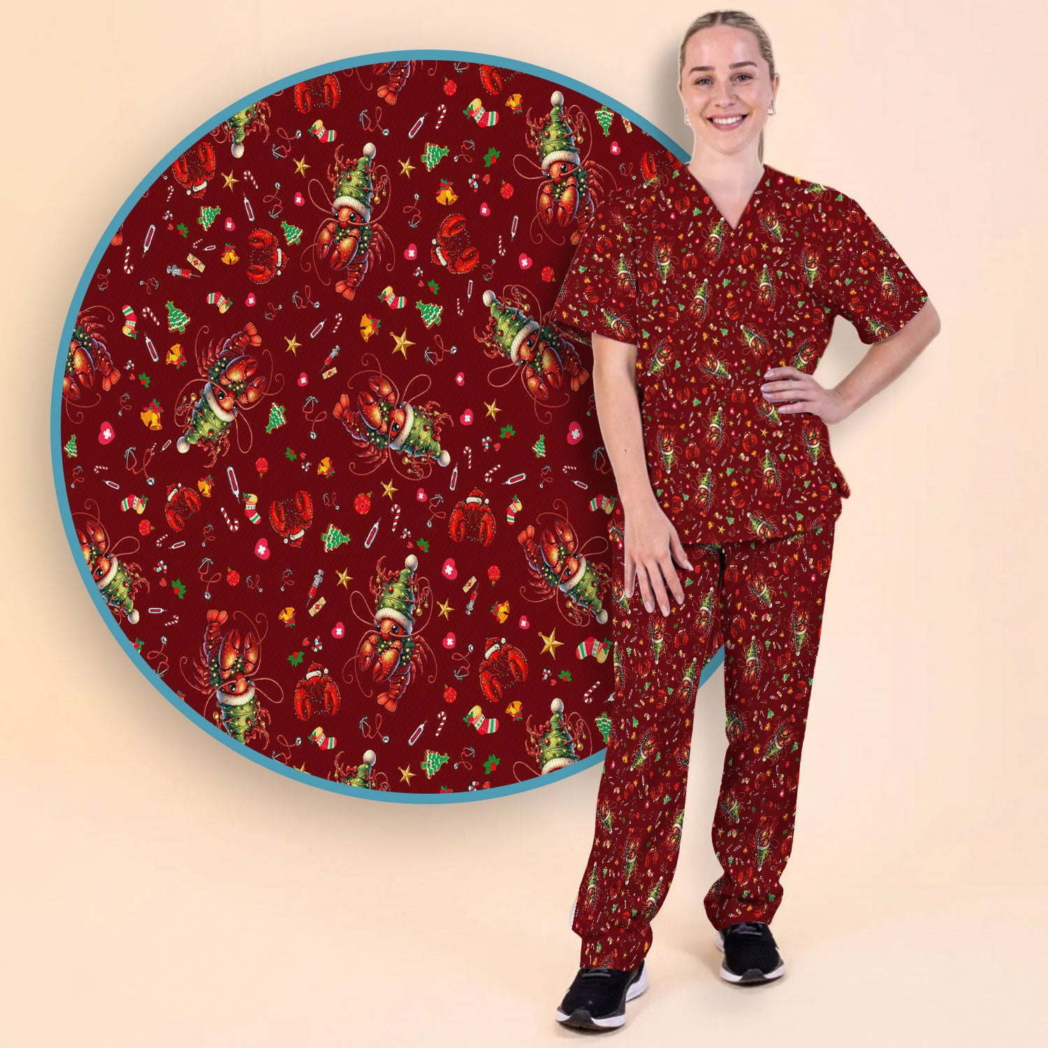 Whimsical Crawfish Christmas Scrub Set – Southern Christmas Cajun Holiday Crawfish Pattern – Cute Medical Uniform for Nurses, Vets And Healthcare Workers