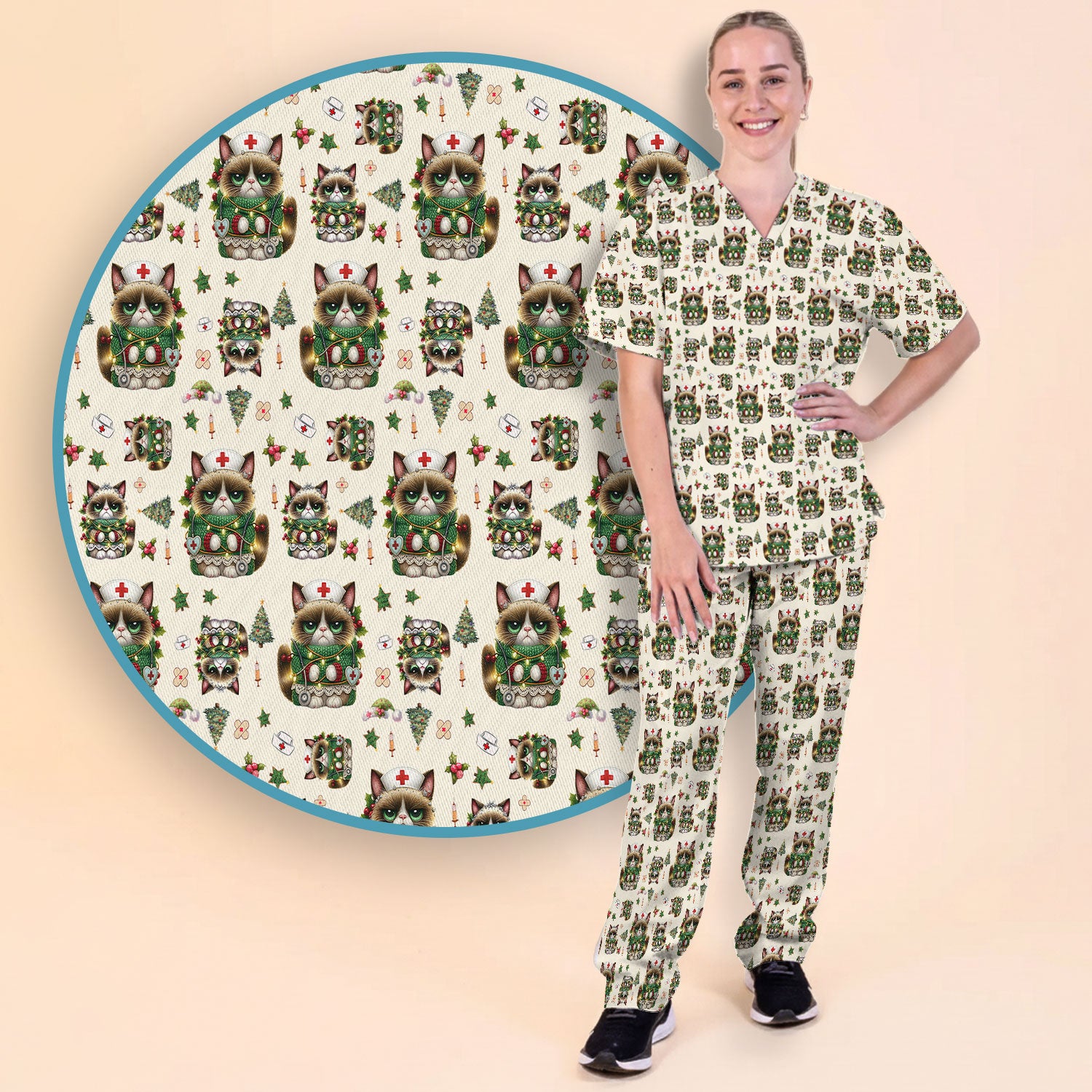 Christmas Nurse Scrub Set - Funny Cat Nursing Scrubs Pants and V Neck Top - Cute Holiday Medical Uniform for Women RN LPN CNA