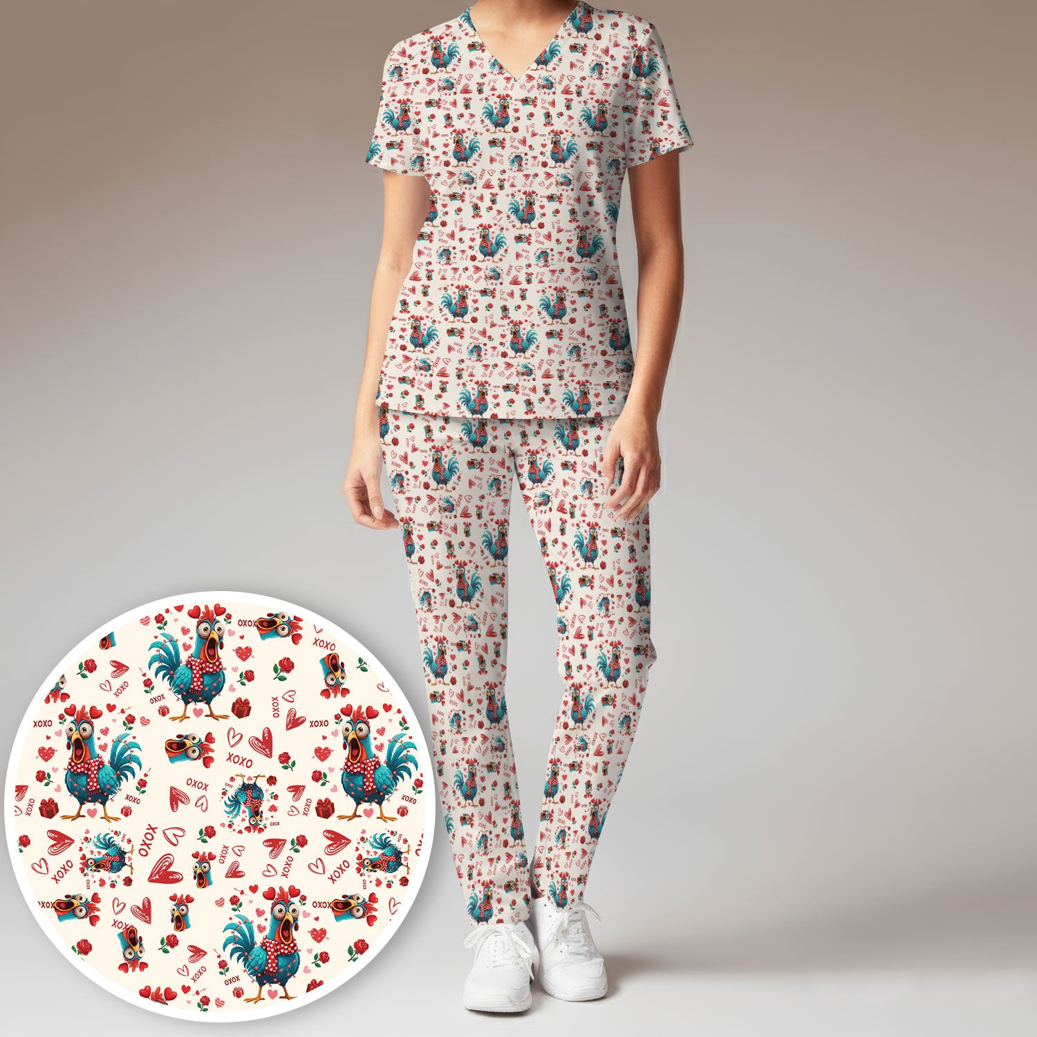 Funny Rooster Valentine Scrub Set, Cute Chicken XOXO Heart Pattern Nurse Shirt, Breathable Fabrics Nursing Uniform