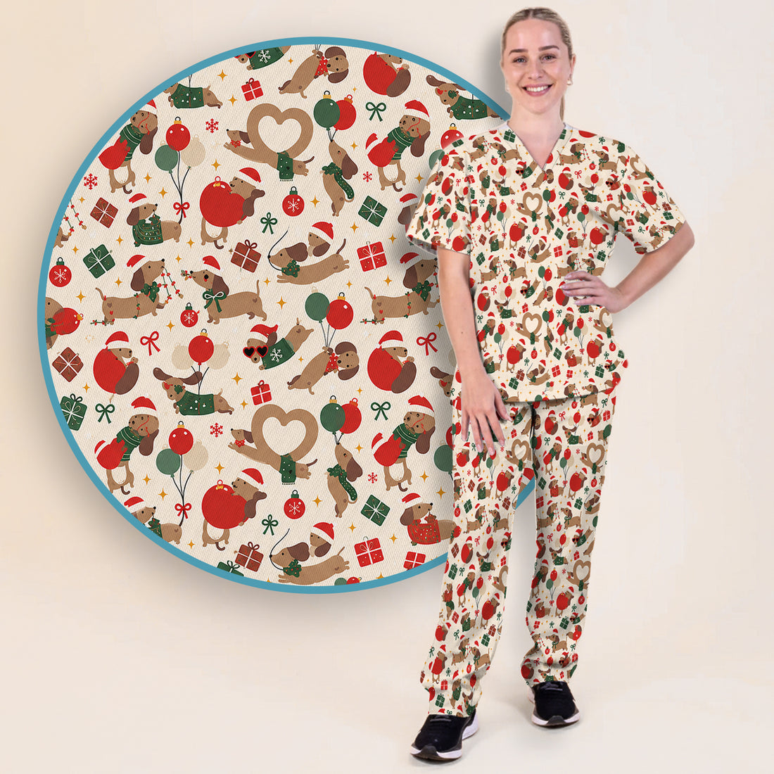 Cute Christmas Dachshund Pattern Scrub Set, Scrub Pants and V Neck Top