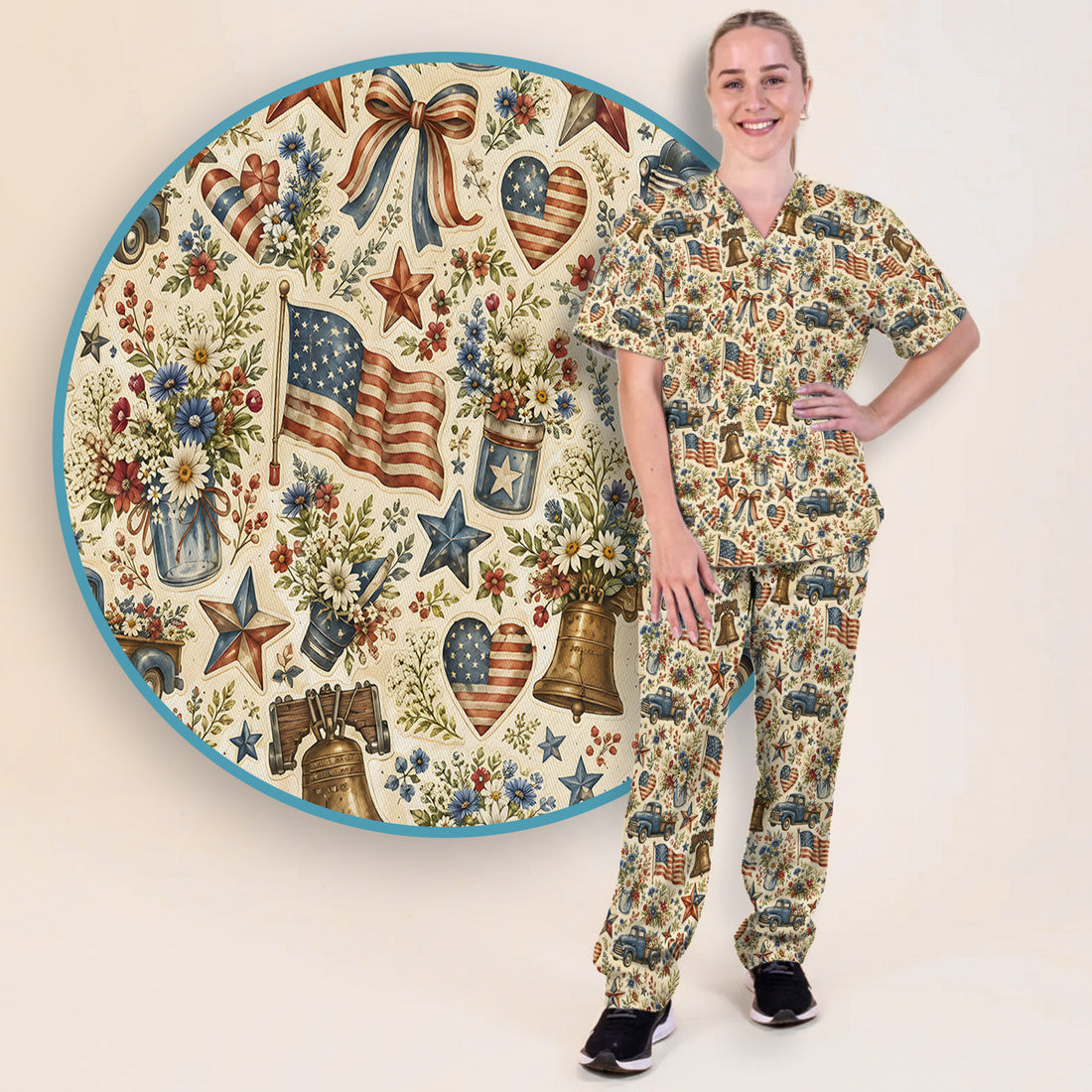 Vintage Patriotic Americana Nurse for RN & CNA, Floral Flag Healthcare Workers Uniform Scrub Set, Scrub Pants and V Neck Top