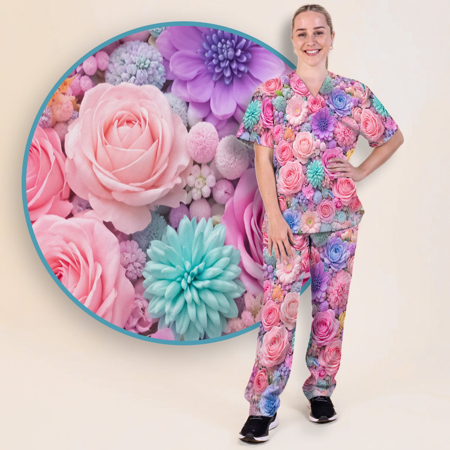 Pastel Floral Dream Scrub Set, Pink Rose Candy Color Nursing Uniform Set, V-Neck Top & Pants