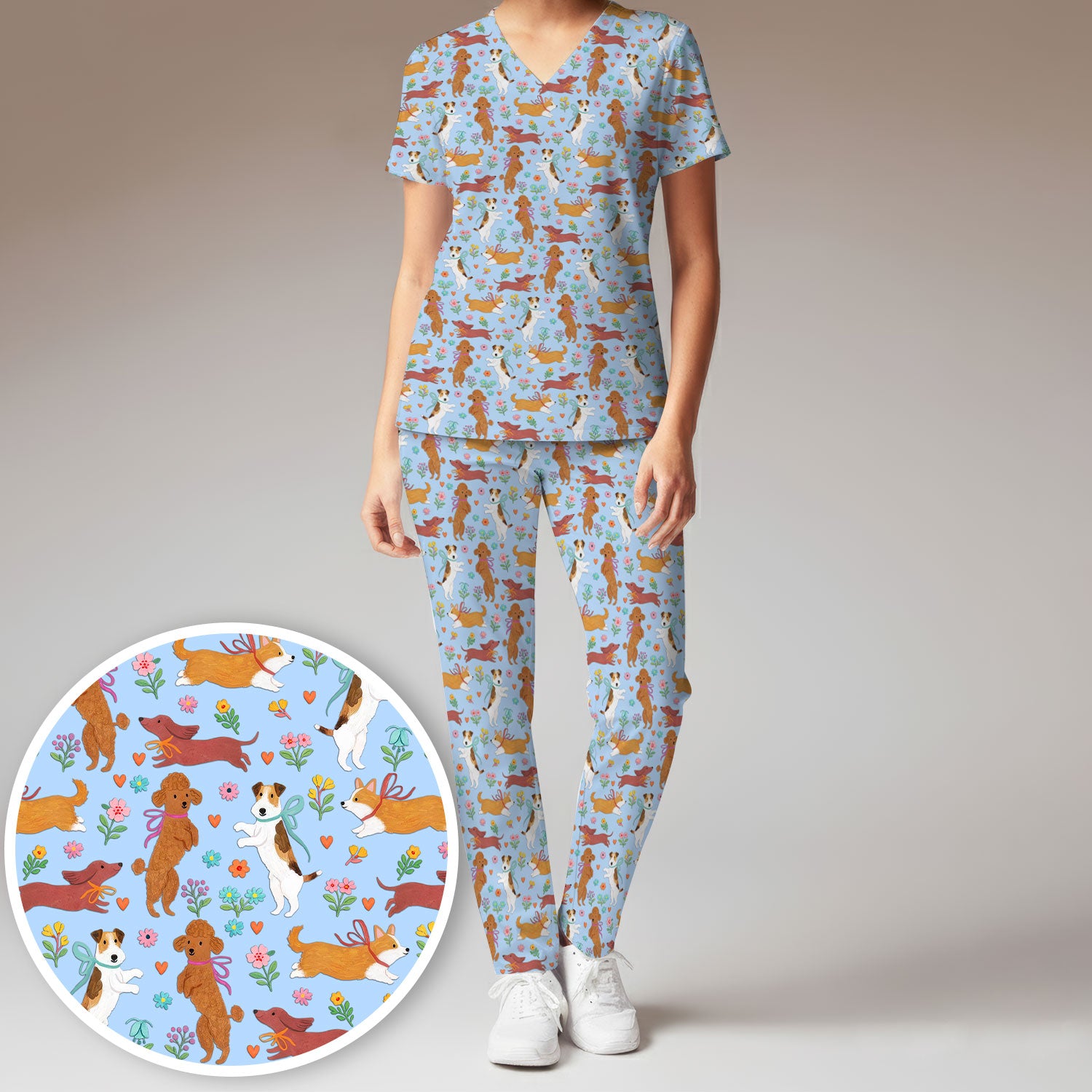 Cute Cartoon Dog Print Women's Scrub Set, Scrub Pants and V Neck Top