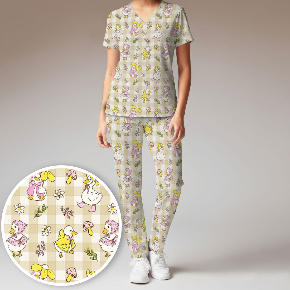 Cute Duck Outfit Gingham Pattern Scrub Set, Scrub Pants and V Neck Top