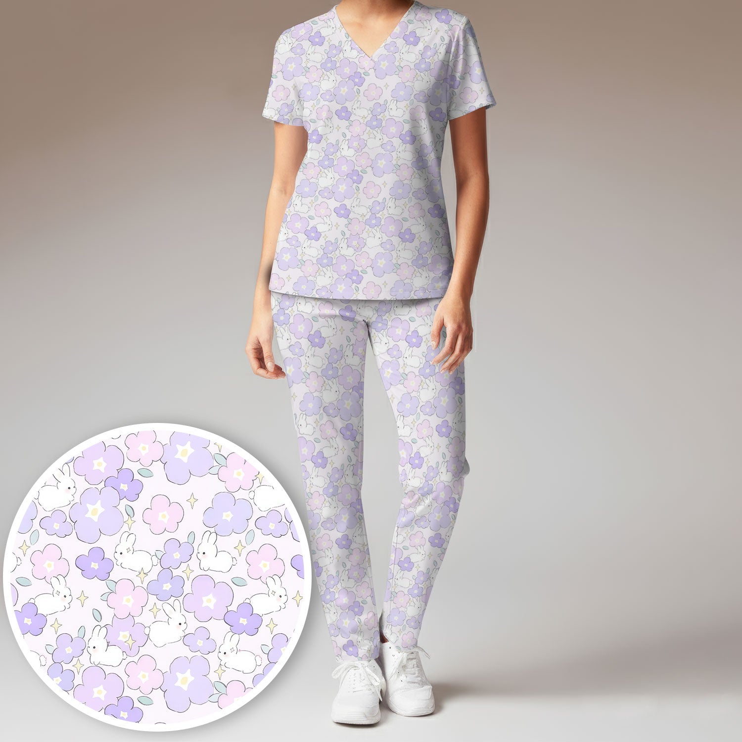 Cute Bunny Floral Pastel Pattern Scrub Set, Women's Scrub Sets