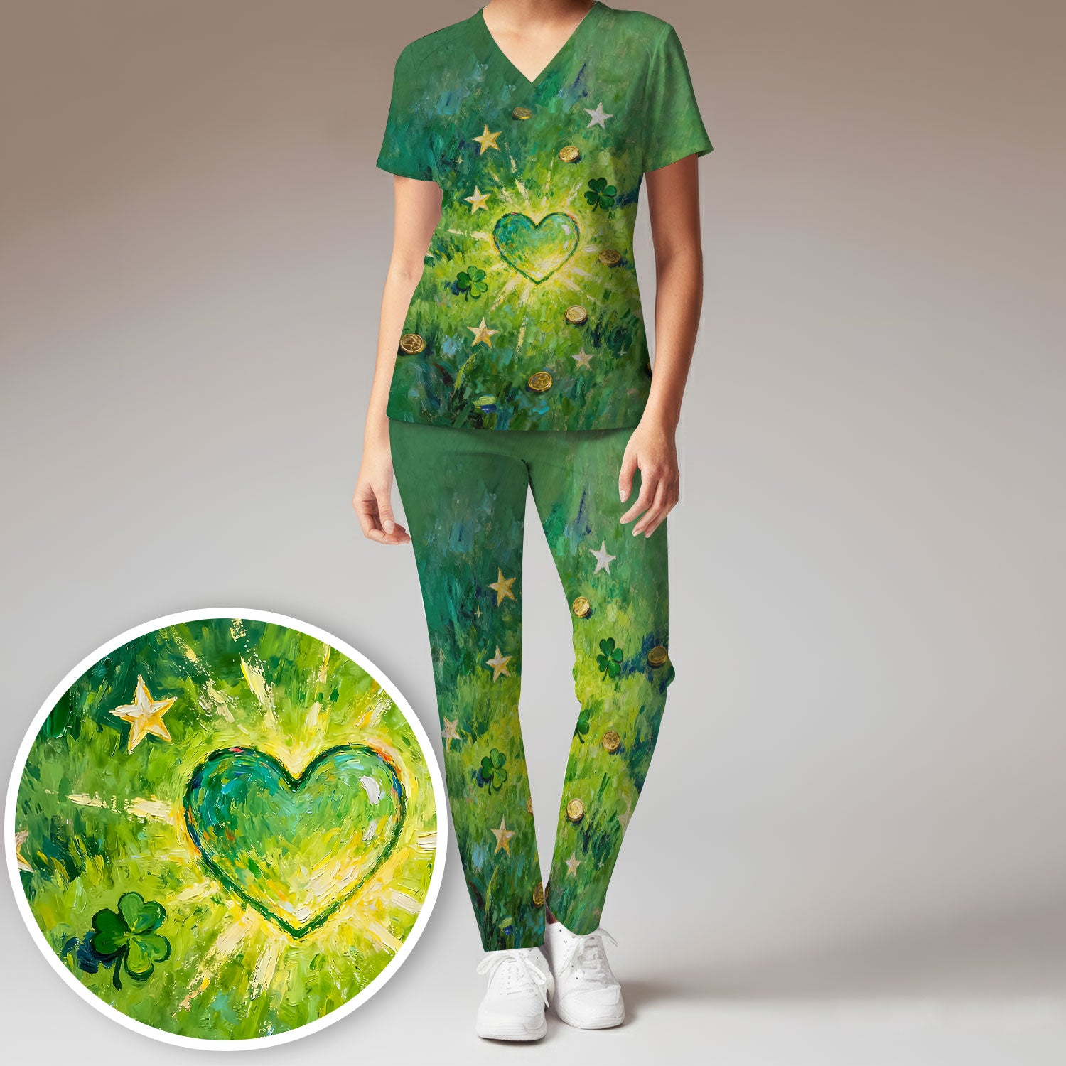 St. Patrick Lucky Shamrock Heart Scrub Set, Scrub Pants and V Neck Top