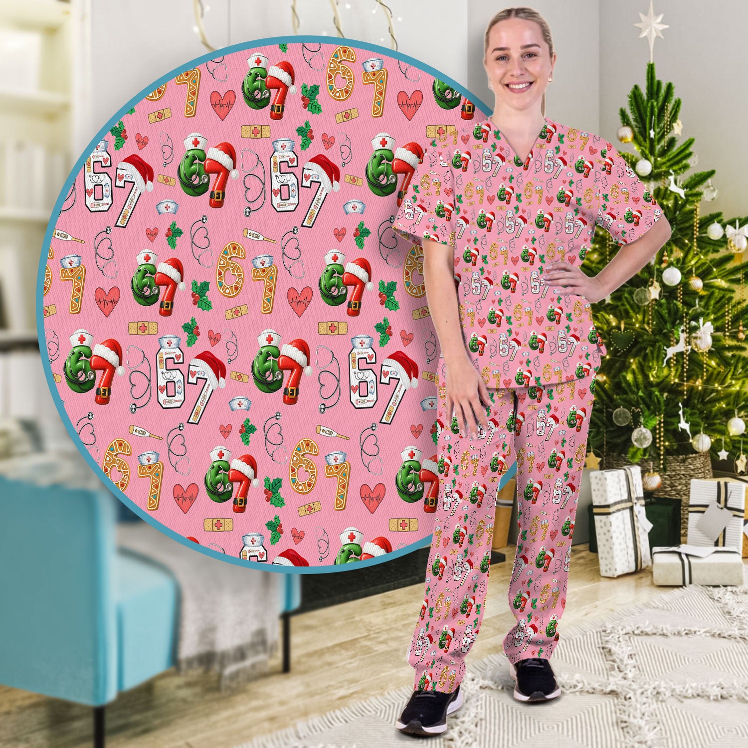 Christmas Nurse 67 Pattern Scrub Set, Cute Holiday Medical Uniform With Santa Hat, Uniform For Nursing