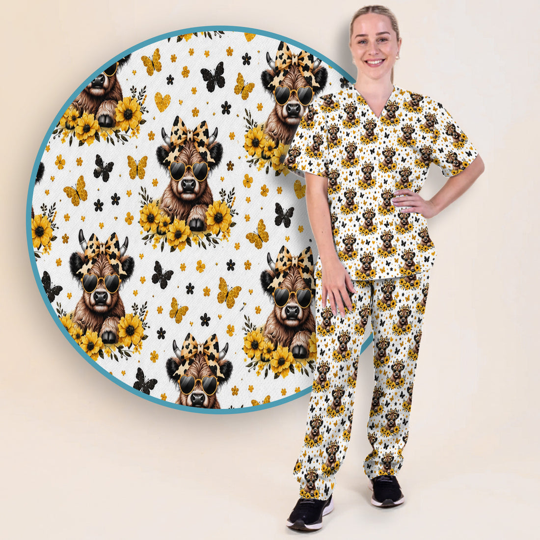 Sassy Highland Cow Sunflower Pattern Scrub Set, Scrub Pants and V Neck Top