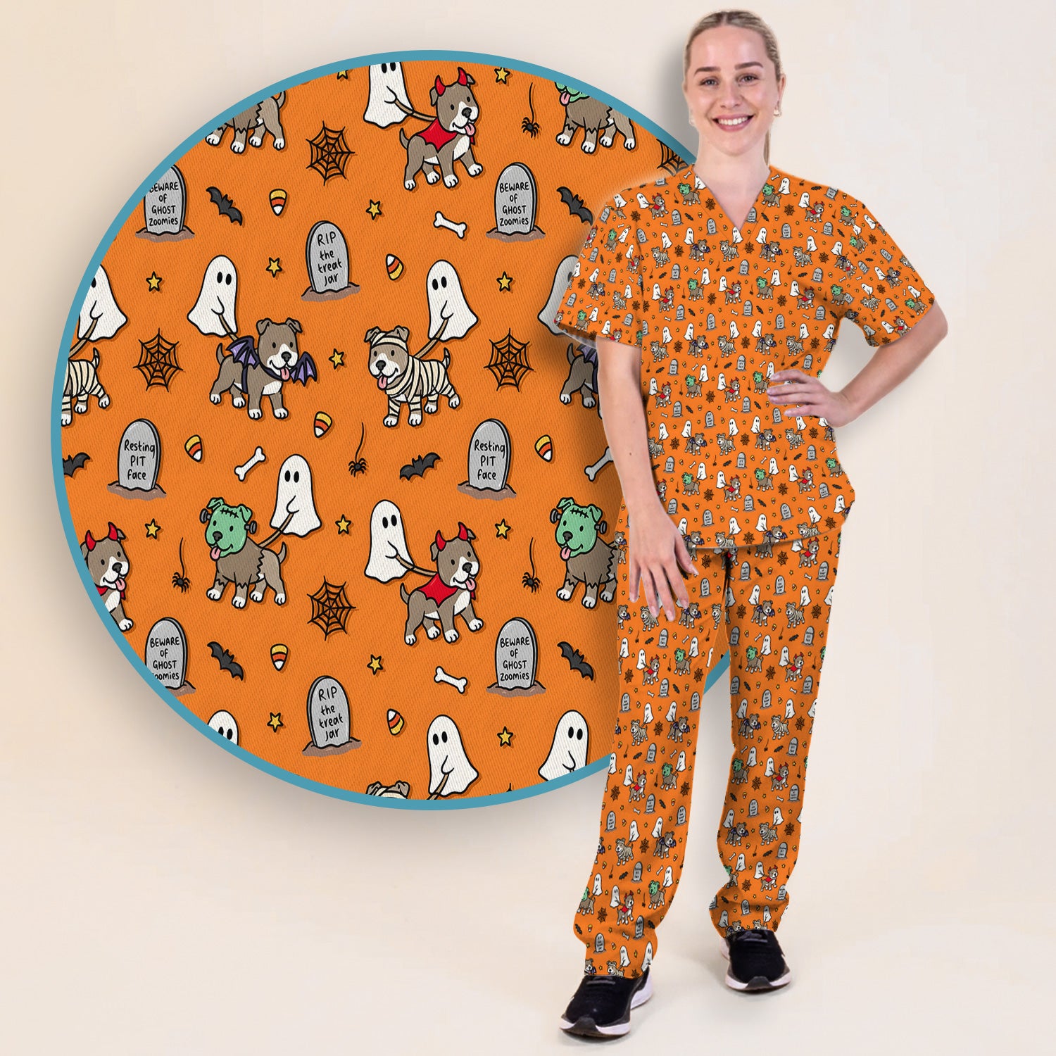 Cute Halloween Pit Bull Costumes Scrub Set, Scrub Pants and V Neck Top