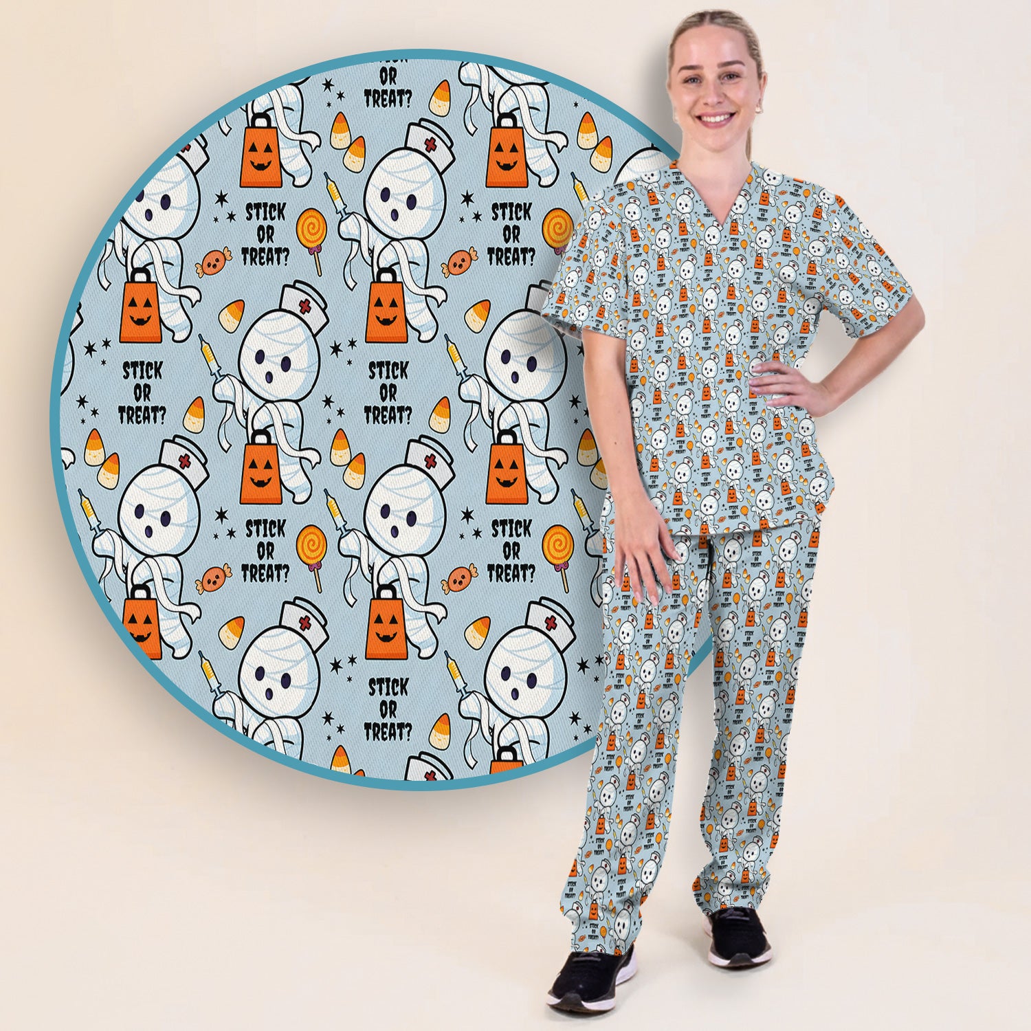 Funny Halloween Stick Or Treat Mummy Nurse Scrub Set, Scrub Pants and V Neck Top