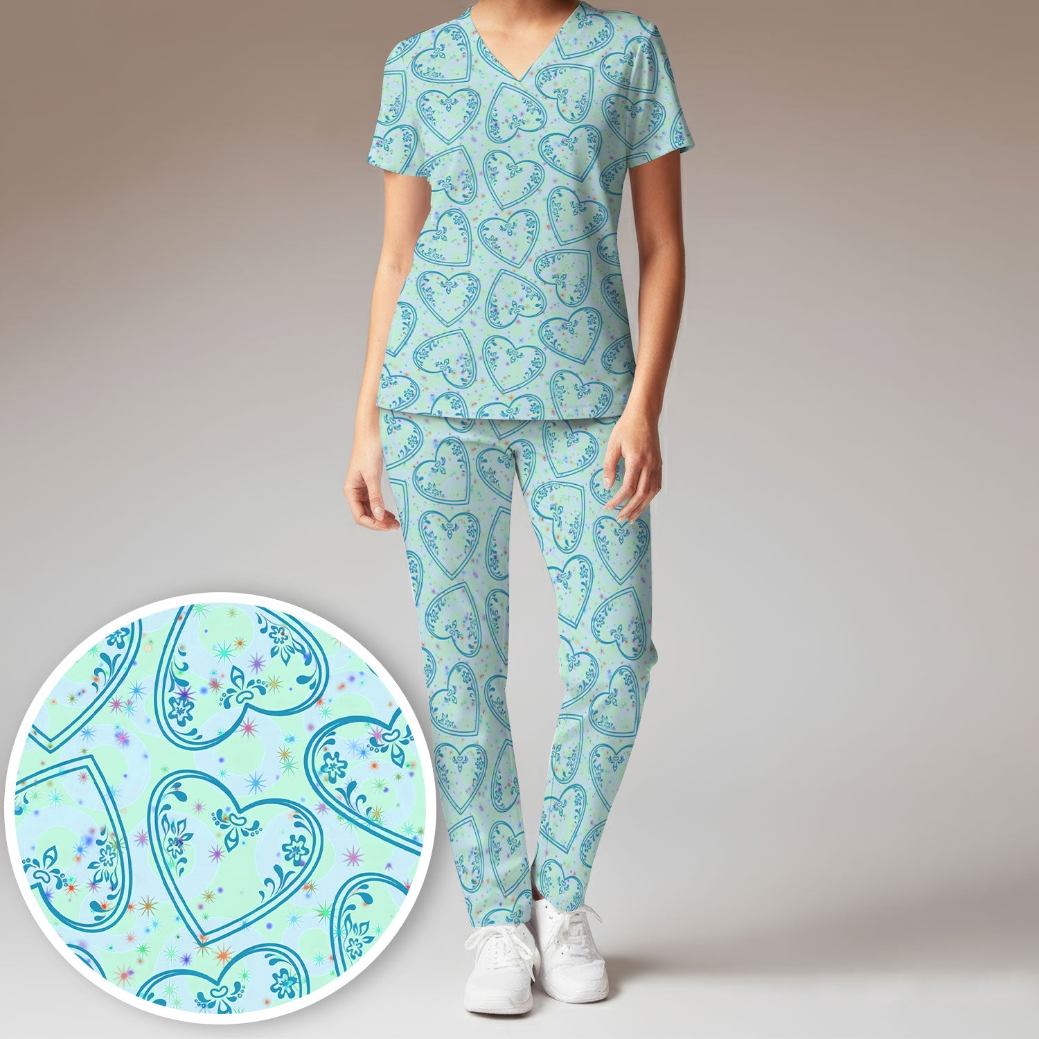 Valentine Heart Scrub Set For Women, Hearts Pattern Nurse Shirt, Comfortable Scrubs For Nursing