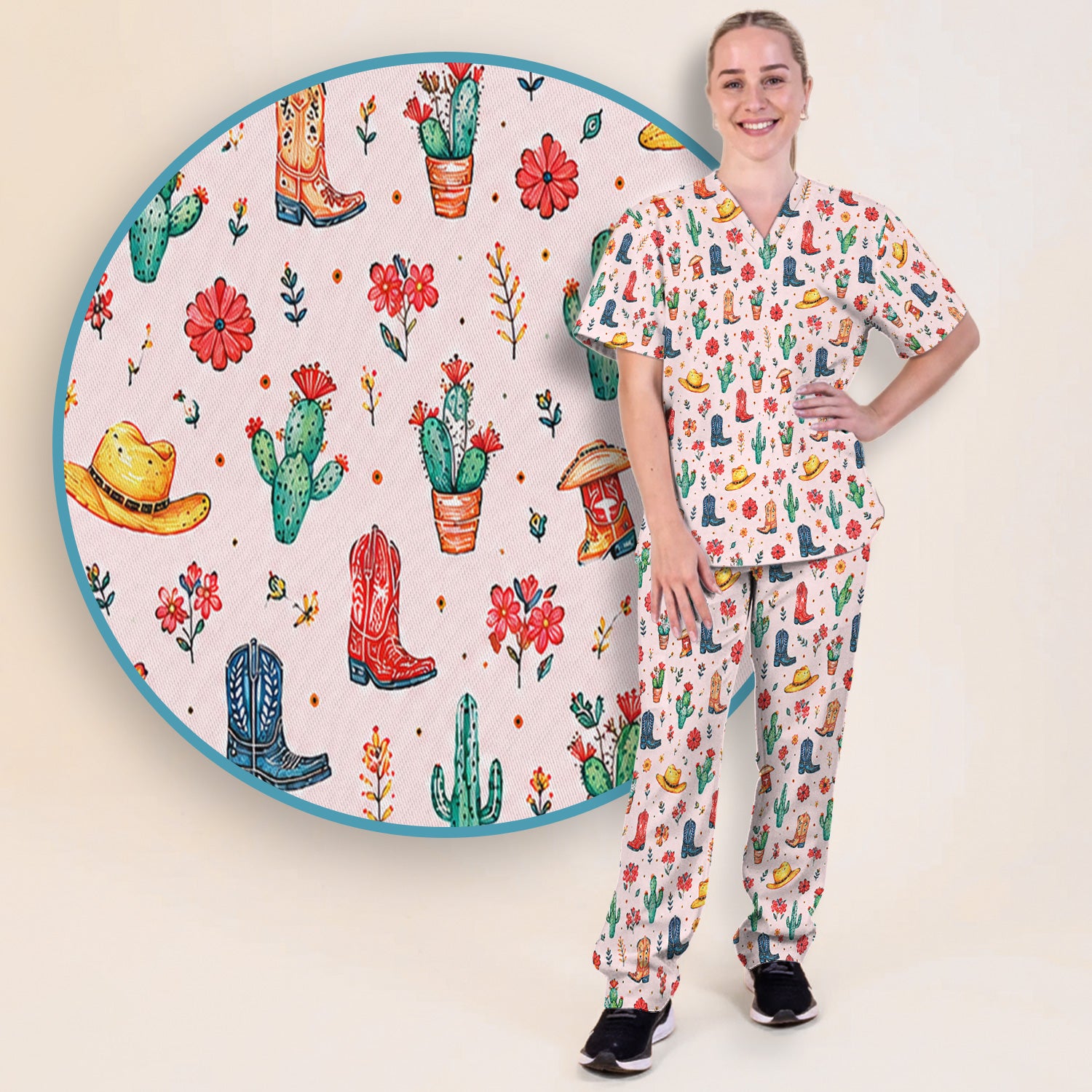 Whimsical Western Cactus Boots Pattern Scrub Set, Scrub Pants and V Neck Top