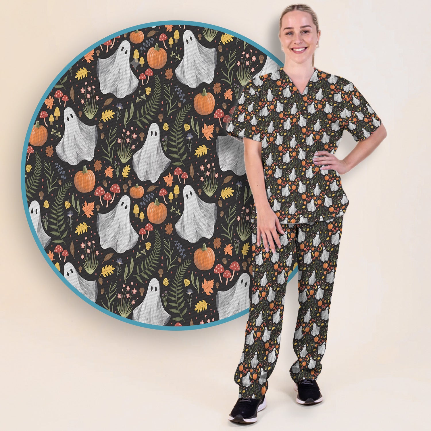 Pumpkin Woodland Pattern Scrub Set, Scrub Pants and V Neck Top
