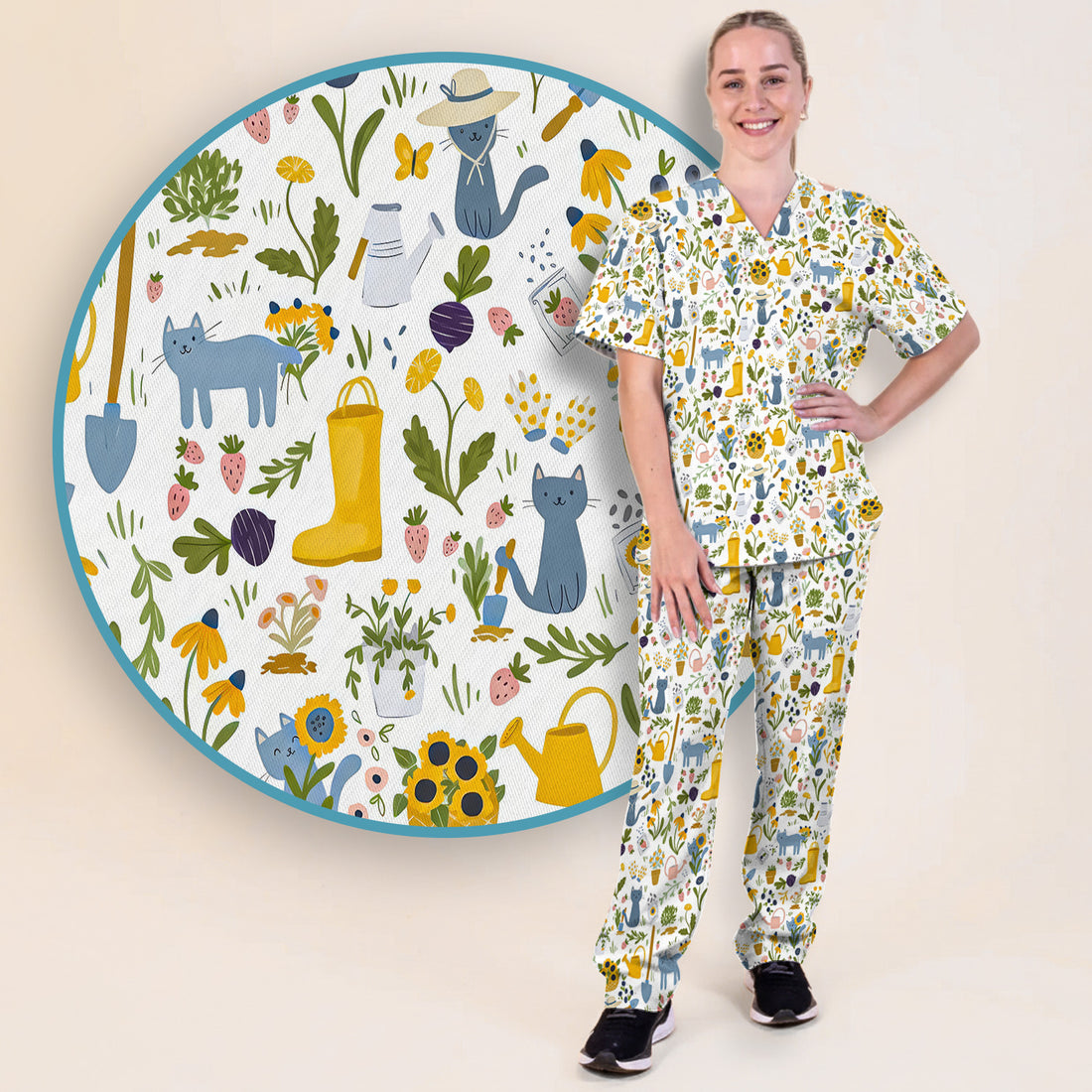 Cat Gardening Wildflower Tools Pattern Scrub Set, Scrub Pants and V Neck Top