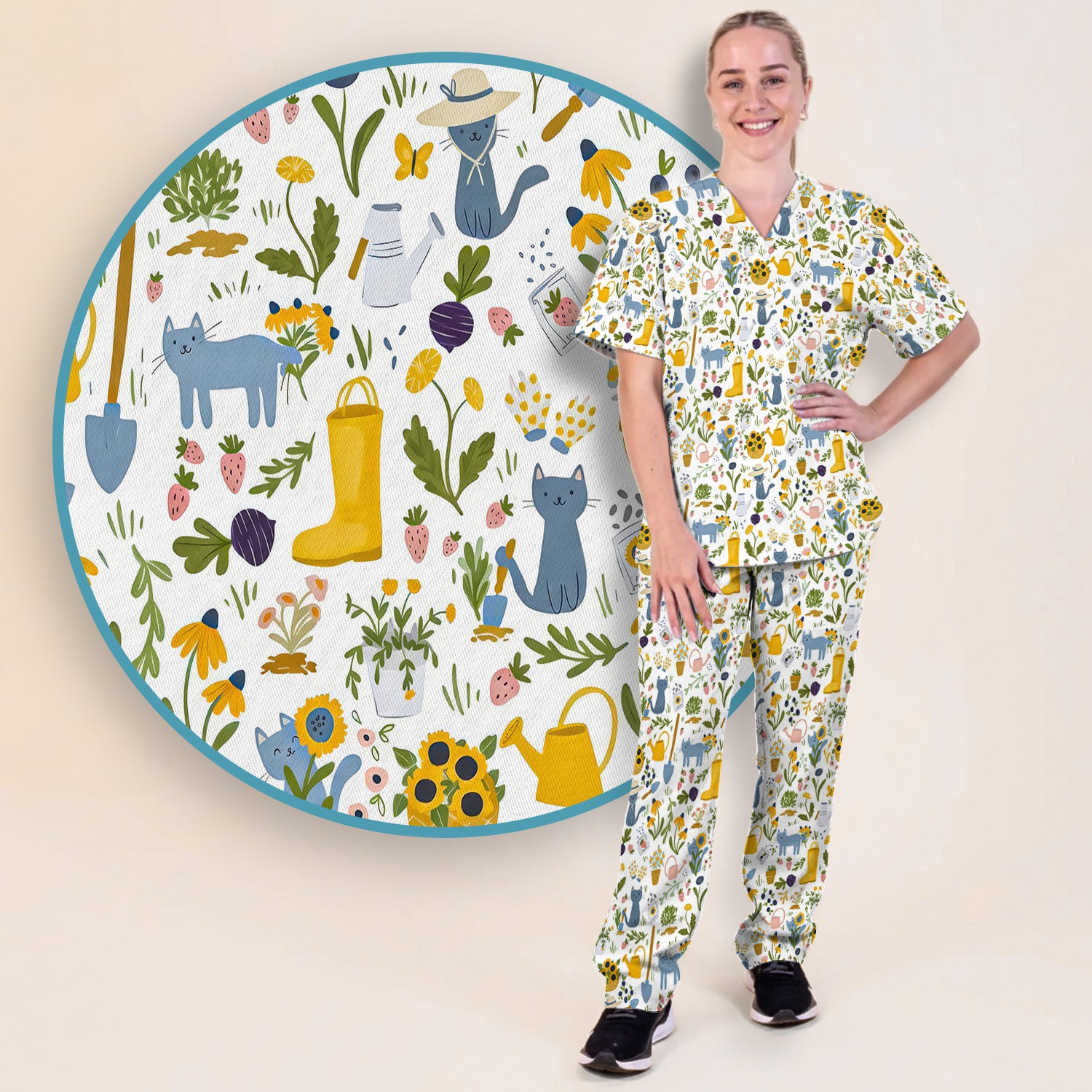 Cat Gardening Wildflower Tools Pattern Scrub Set, Scrub Pants and V Neck Top