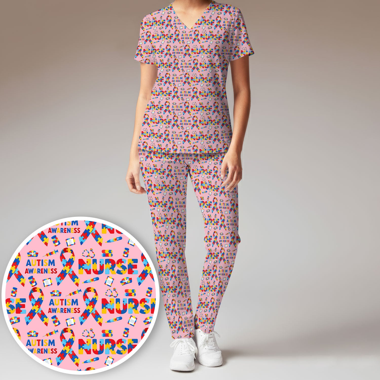Autism Awareness Nurse Puzzle Ribbon Print Sets,  Breathable Med Uniform